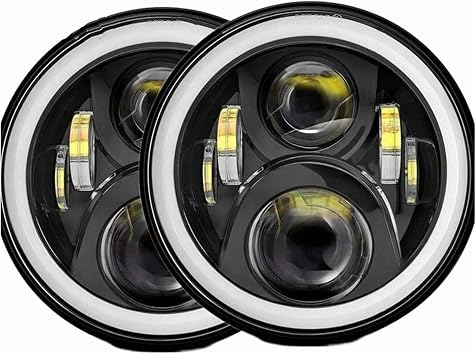 Headlight Assembly For Benz-G G55 2xLada Auto Motor 7 Inch Led Headlight Hi/Low H4 Light Halo Angle Eyes DRL Headlamp Car headlights(80w Halo light Black)