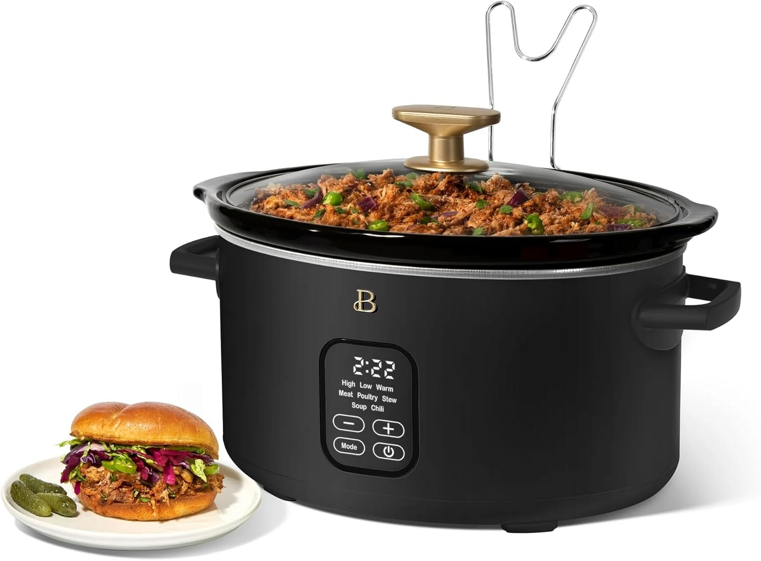 Beautiful 6 Qt Programmable Slow Cooker by Drew Barrymore - 5 Preset Cooking Functions, Digital Countdown Timer, Dishwasher-Safe Parts, and Cool-Touch Handles (Black Sesame)