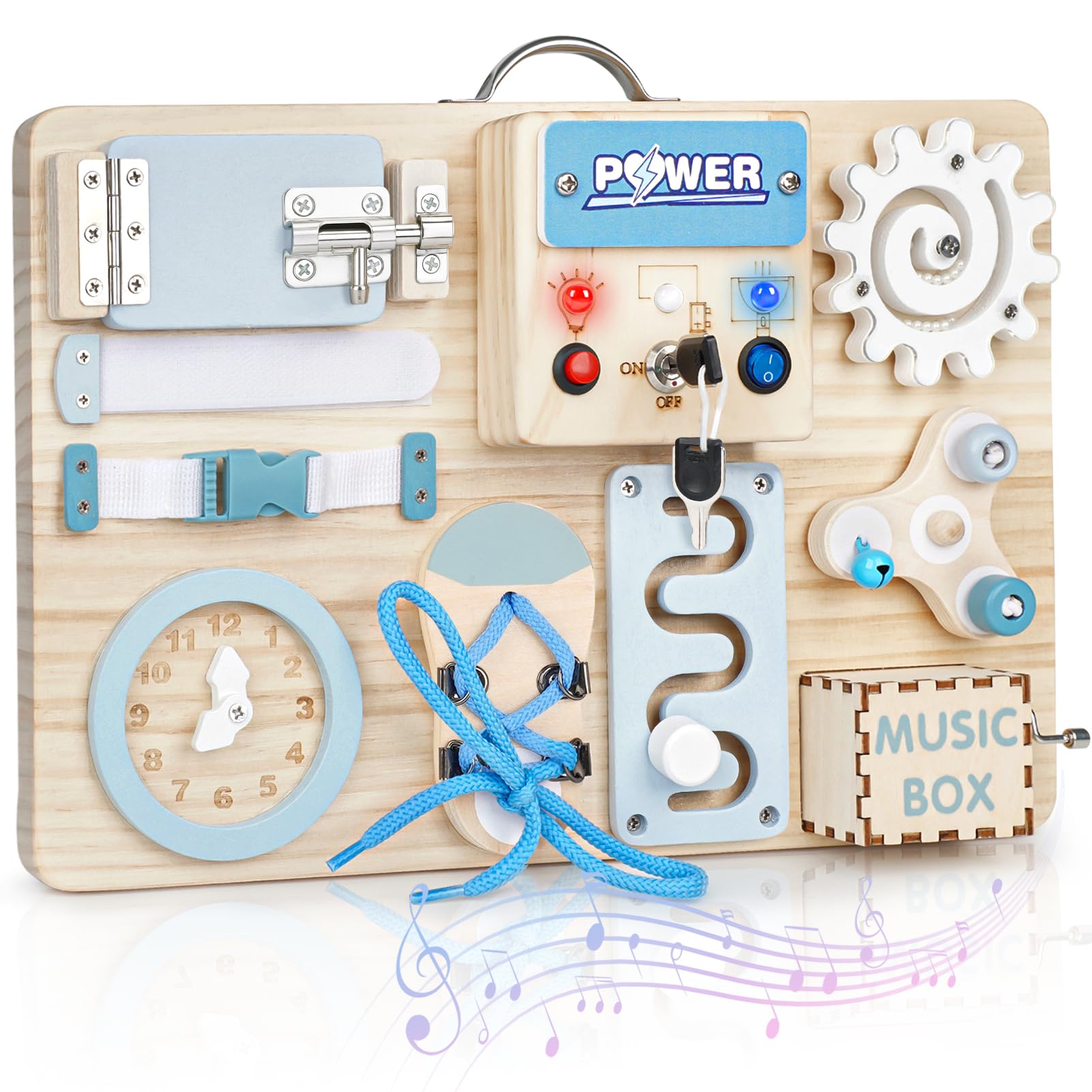 Joyreal Pannello Sensoriale Bambini Montessori - LED Busy Board Giochi Montessori Tavola Sensoriale Legno con Carillon Specchio Neonati Giochi Educativi Regalo