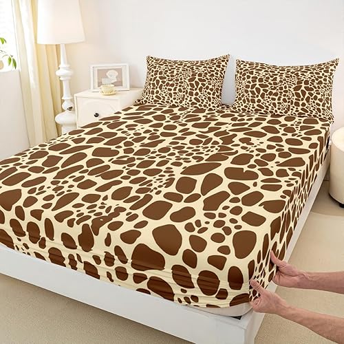 Miniatura 5 de Erosebridal Sábana bajera ajustable con estampado de jirafa tamaño Queen para niños y hombres, diseño geométrico de jirafa marrón, juego de ropa de
