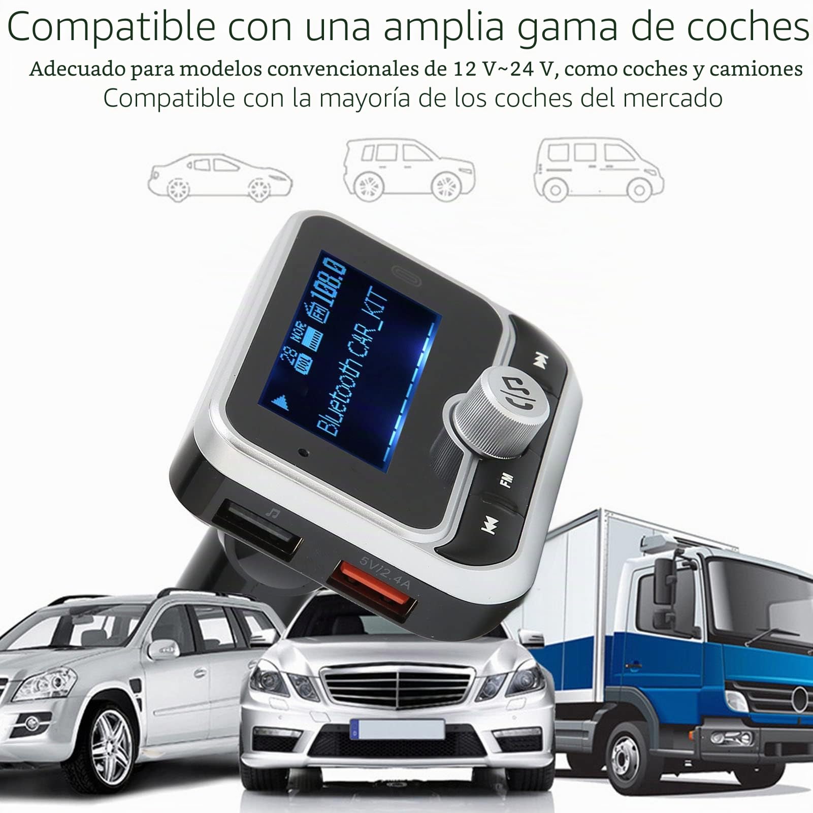 Bewinner Transmisor FM Bluetooth para Coche, Adaptador Inalámbrico de Radio FM Bluetooth con Pantalla de 1,8 Pulgadas, Cargador de Coche con 2 Puertos USB, Kit de Reproductor de Música para Coche