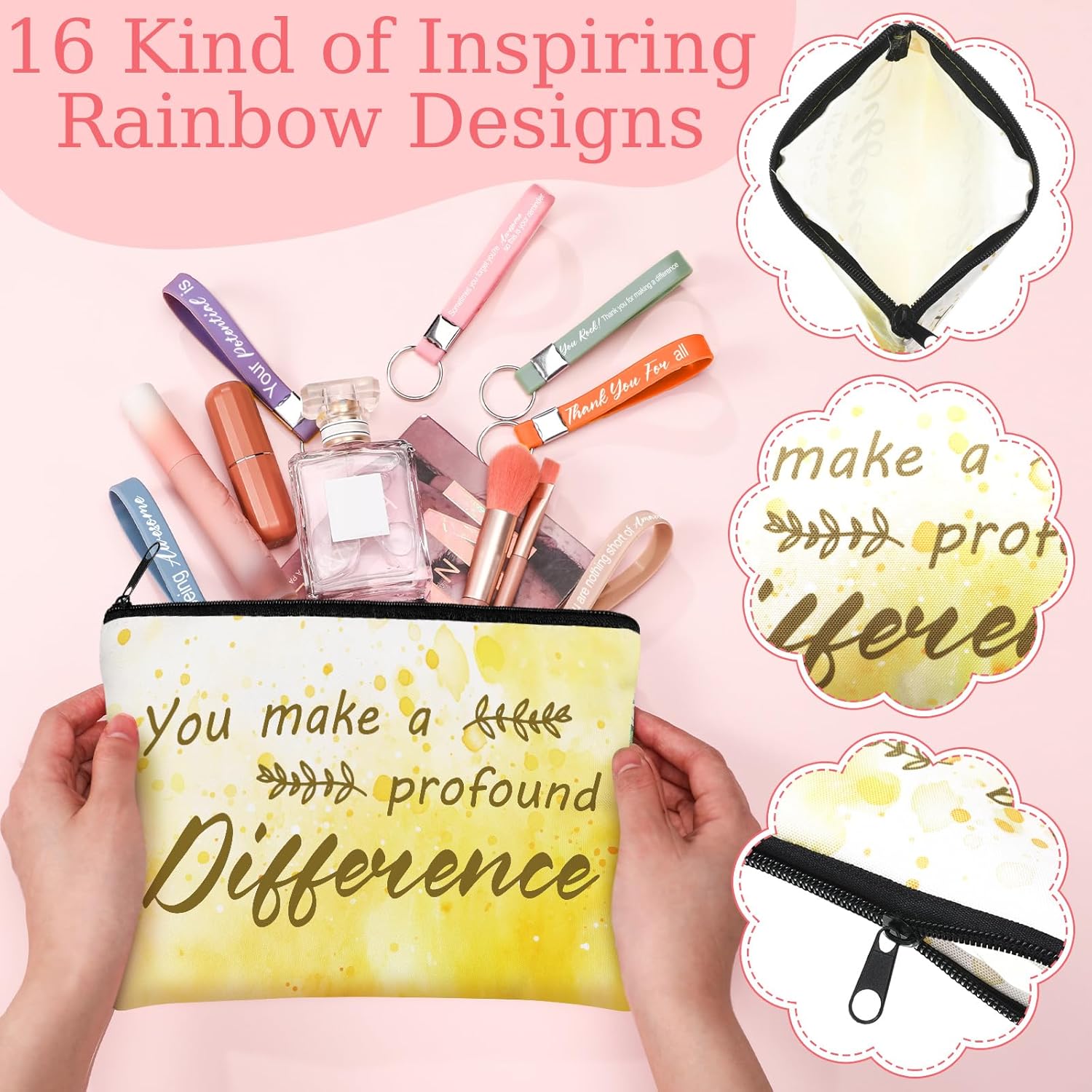 Hillban 32 Pcs Graduation Canvas Cosmetic Makeup Bag Bulk for Women Inspirational Gifts for Teacher Travel Toiletry Makeup Bag Pouch with Keychain for Teacher Mom Church Appreciation Gift(Watercolour)