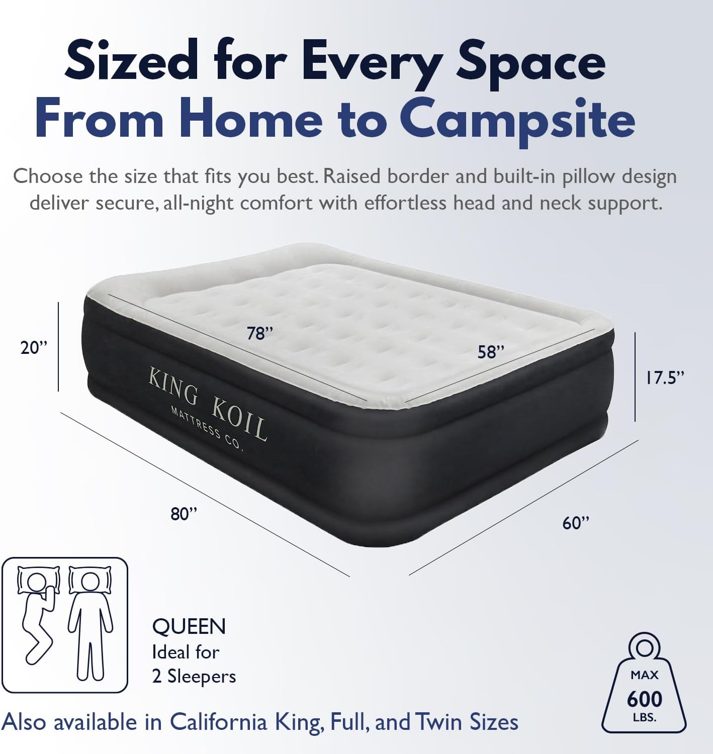 King Koil Luxury Air Mattress Queen with Built in Pump, Integrated Premium Pillow Inflatable Airbed for Guests, Camping & Home (Manufacturer Warranty)