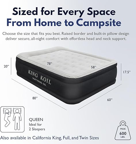 Miniatura 2 de King Koil Colchón de aire de lujo Queen con bomba de aire integrada, almohada premium inflable Airbed para invitados, camping y hogar (garantía del