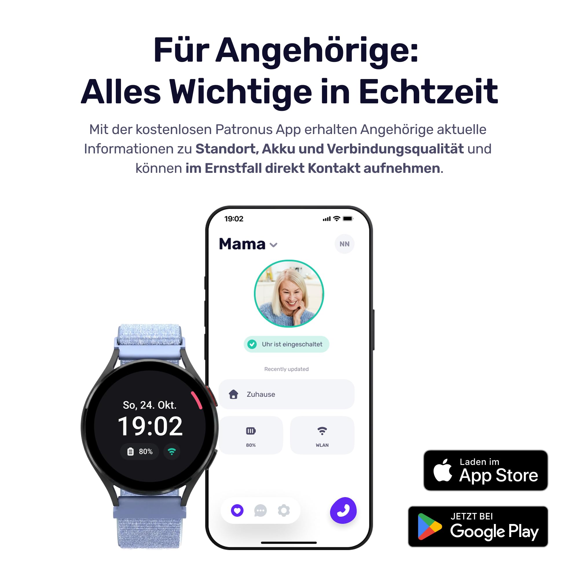 PATRONUS Notrufuhr - für Senioren - Hellblau - mit GPS – ABO notwendig | Manueller SOS-Notrufknopf ohne Sturzerkennung, Notrufarmband, Mobiler Hausnotruf, 24/7 Notrufzentrale, mit App, Pflegegrad