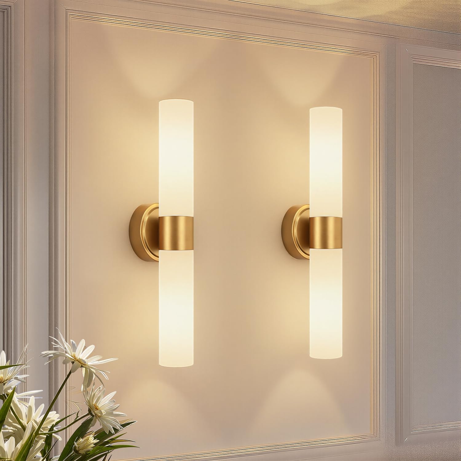 Photo 1 of Meybiok Hardwired Wall Sconces Set of Two, Modern Bathroom Sconces Wall Lighting with Milky White Glass, Brushed Gold Sconces Wall Decor Set of 2 for Bathroom Mirror Bedroom Living Room Hallway
