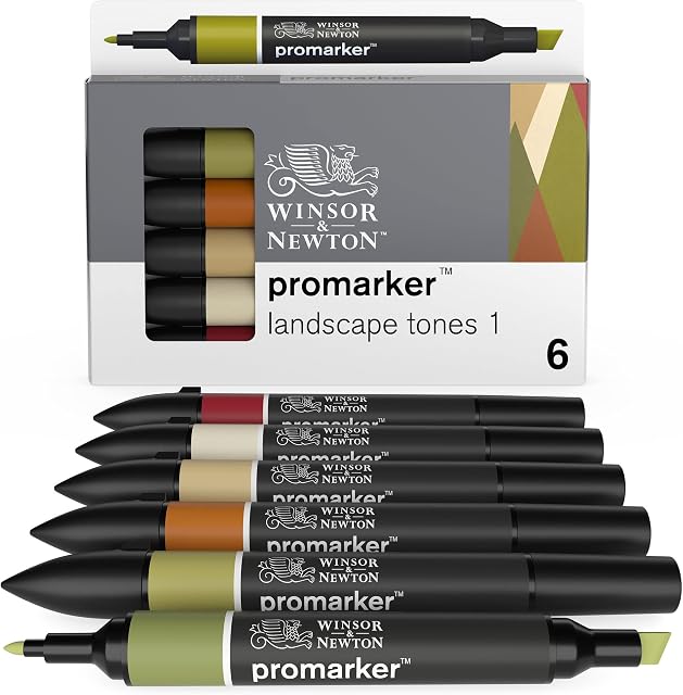 Winsor & Newton, Promarker, Landscape Tones I, Set of 6, Alcohol Based Dual Tip Markers