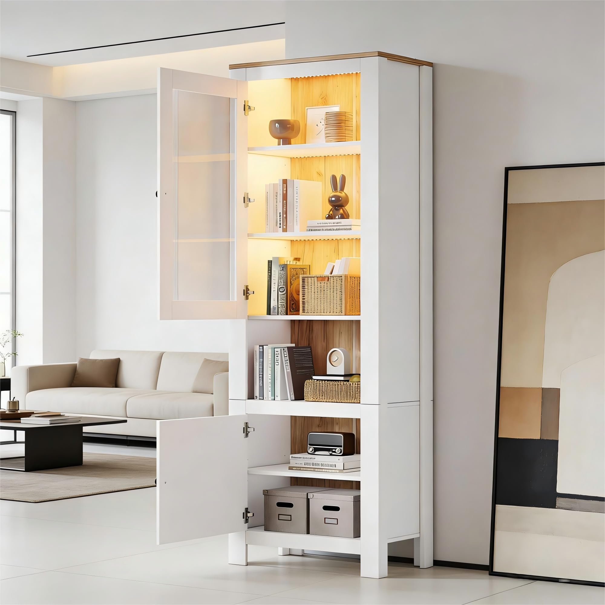 MURUL Armario alto, 70 x 40 x 188 cm, vitrina con 2 puertas, seis estantes, pared trasera en imitación de madera natural, estantes ajustables, vitrina de cristal con LED, color blanco + madera natural