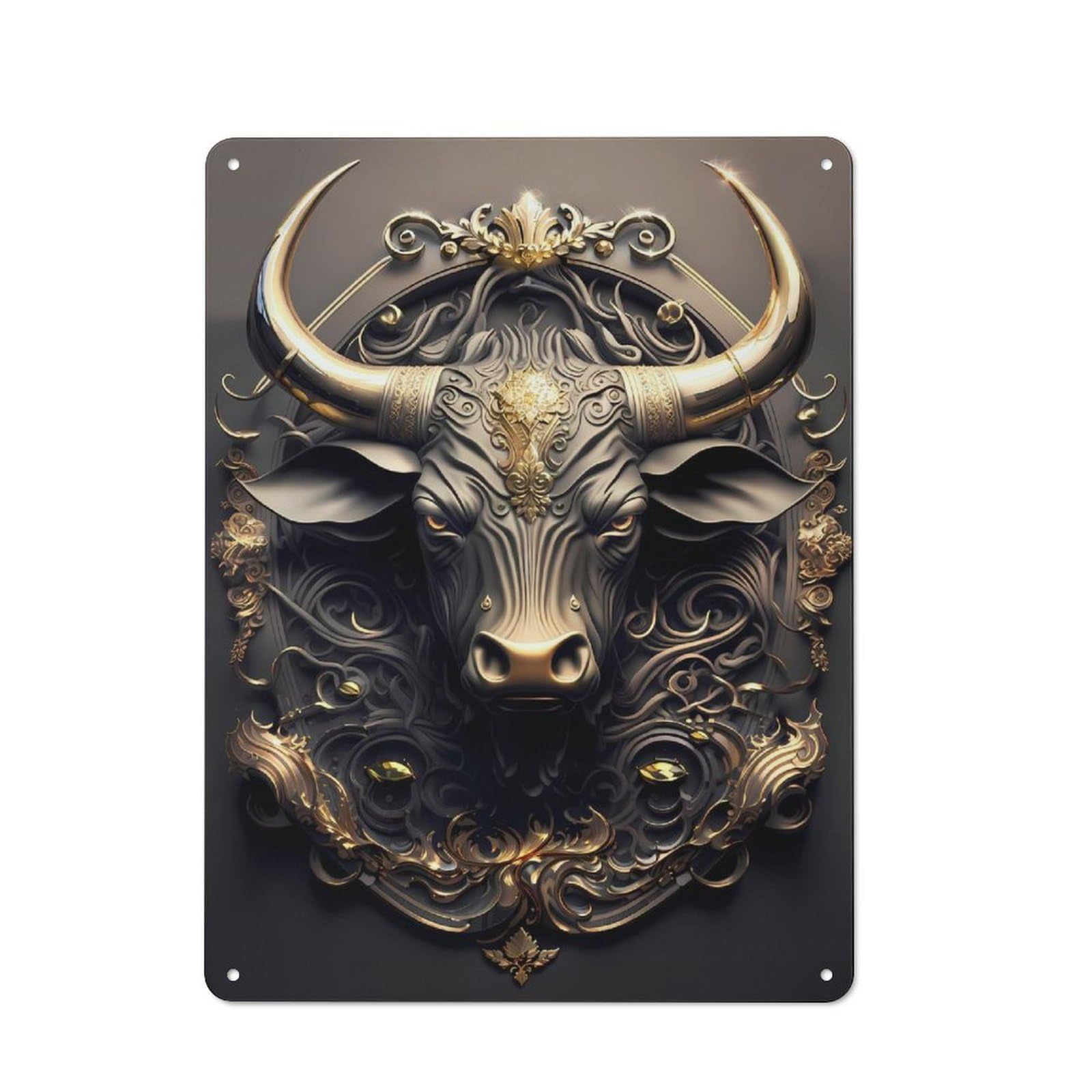 Junmoney Style-14 Metal Plaque 40X30cm With Shiny Golden Bull Art Deco For Hallway Wall, Rustic Decor, A Metal Wall Feature For Hallways And Entrance Areas