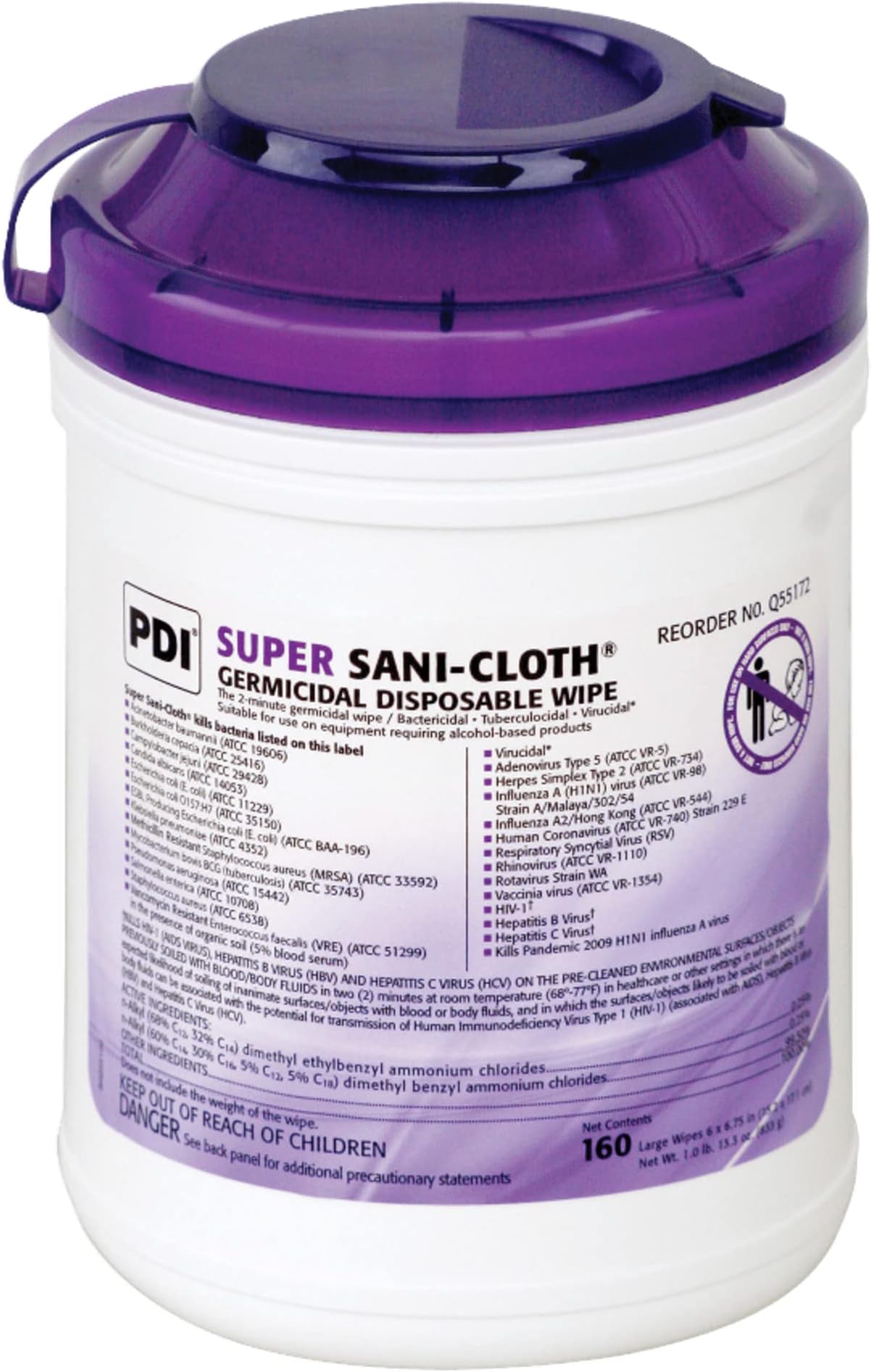 PDI Super Sani-Cloth Germicidal Disposable Wipe - 6.75" Length x 6" Width - 160 / Tub - 1 Each - Disposable, Disinfectant, Deodorize, Latex-free, Bleach-free, Virucidal, Fungicide, Strong, Pre-moistened, Antimicrobial