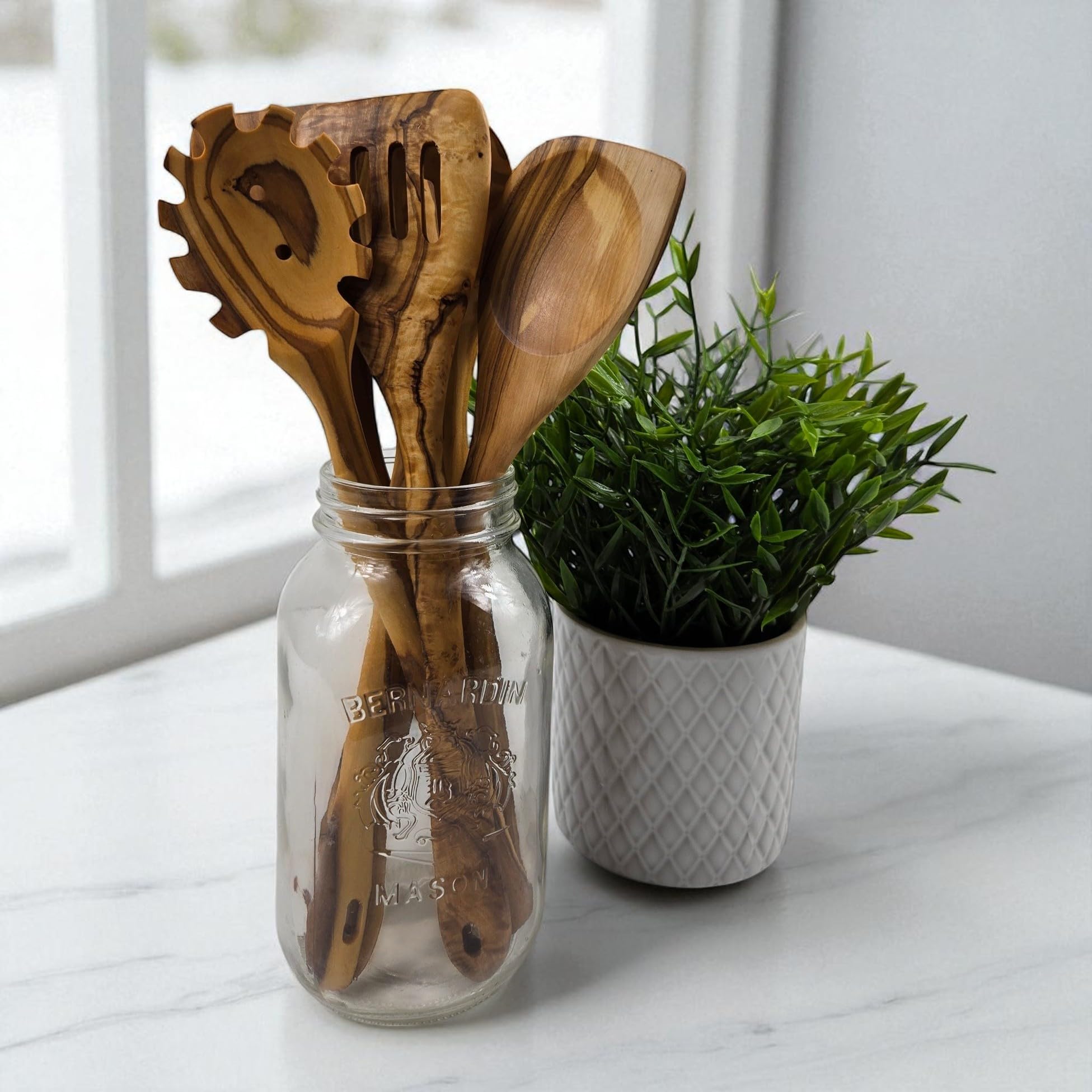 Juego de 5 cucharas 100% madera de olivo hechas a mano, ideal para utensilios de cocina antiadherentes y utensilios de cocina, cocina, hornear y servir, ecológico y hecho a mano, 2 espátulas y