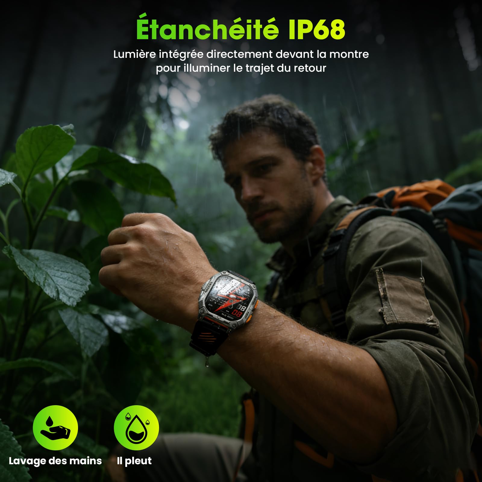 Montre Connectée Homme 2,01" HD Écran Smartwatch, 1000 mAh Batterie et 120+ Modes Sportifs, Montre Connectée Militaire avec Fréquence Cardiaque/Sommeil Moniteur et Lampe De Poche pour Android iOS