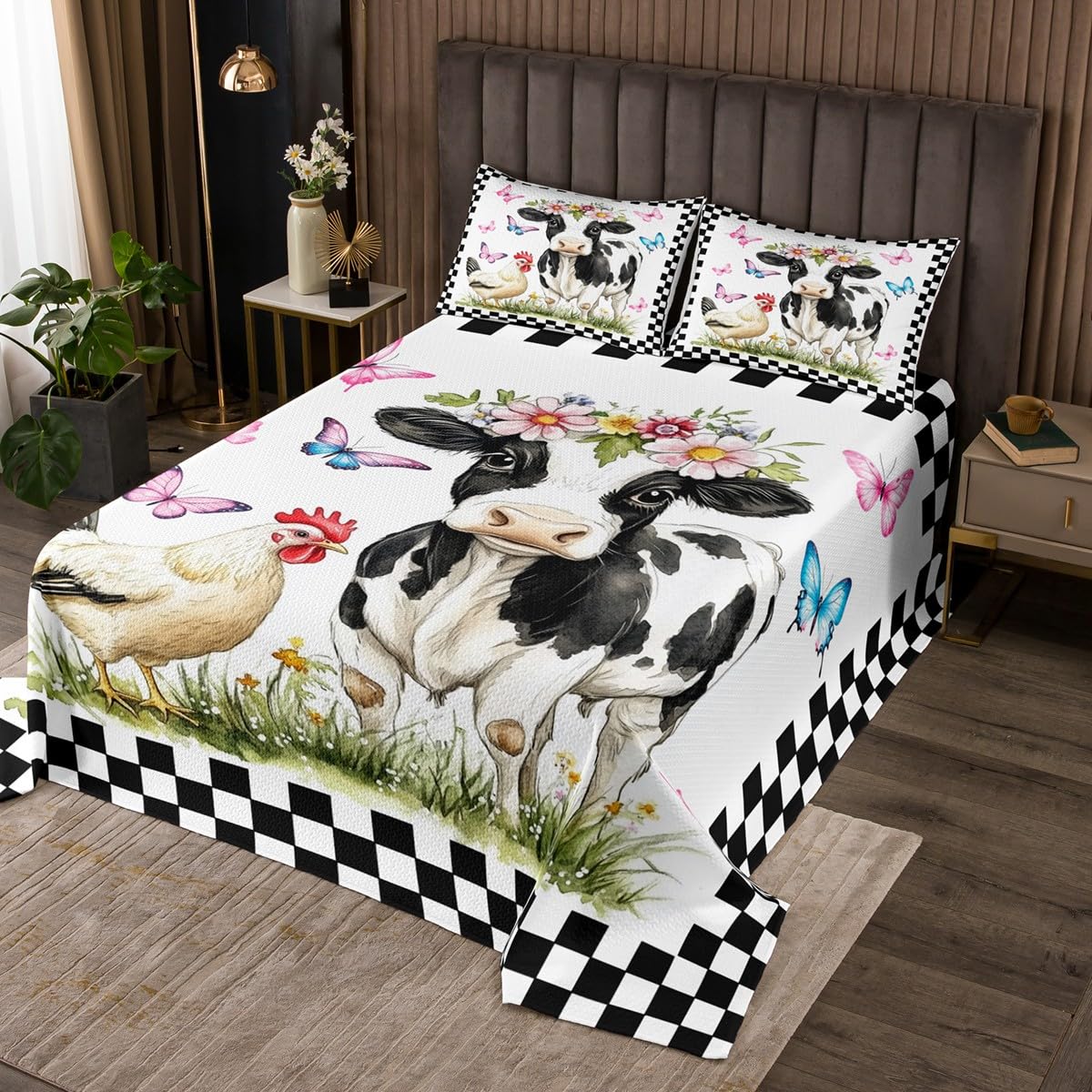 Milk Cow Quilts Set for Kids Boys,Black White Farm Cattle 2Pcs Bedspread Coverlet Set,Farmhouse Spring Flowers Bed Cover Set,Geometric Grids Bedspread Coverlet with 1 Pillowshams (Twin Size)