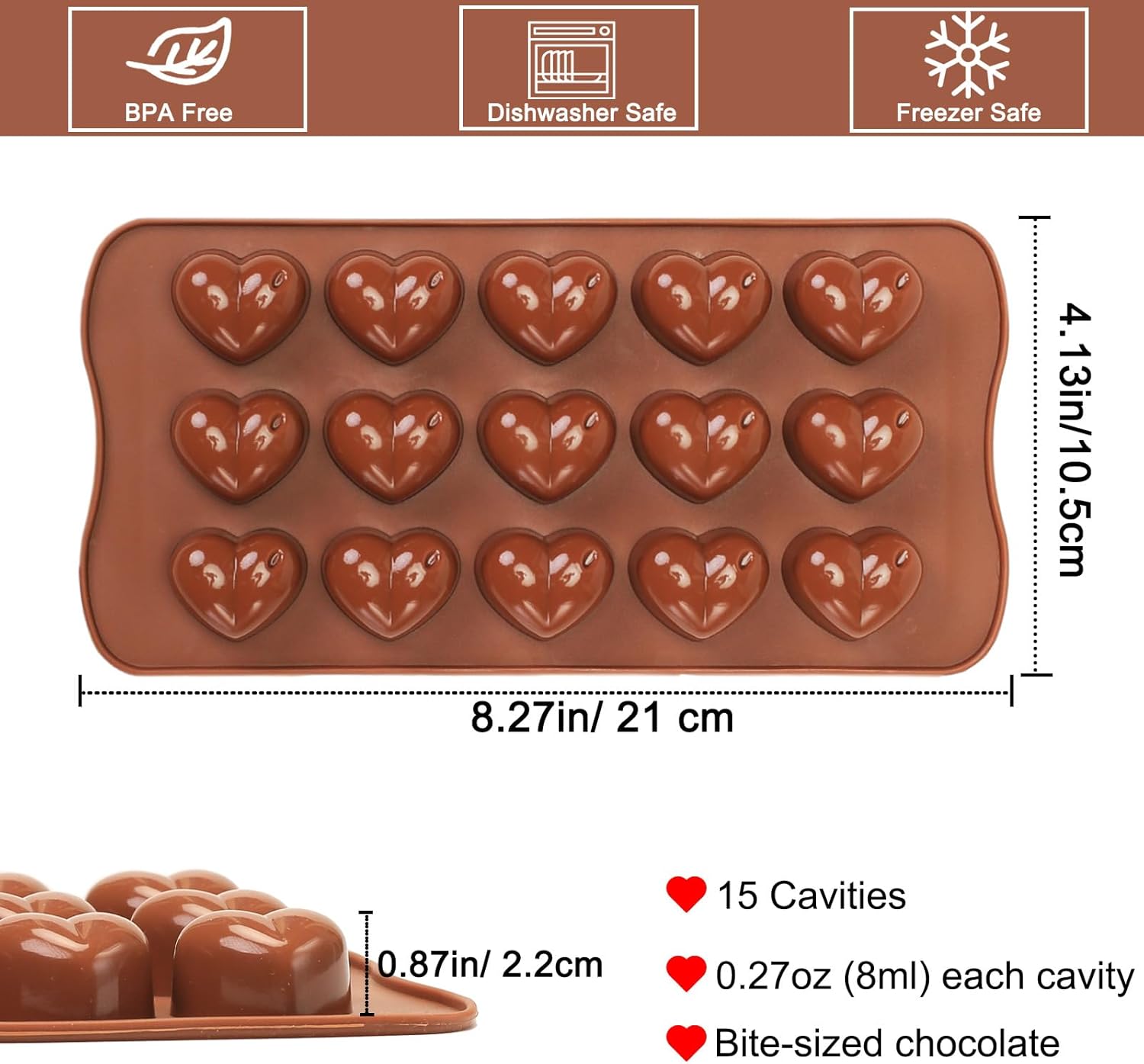 Heart Chocolate Molds Silicone, Small Gummy Molds Shaped Heart for Fondant/Fruit Snacks, Candy Molds Silicone for Valentine/Anniversary/Wedding, Wax Melt Molds 15 Cavities, 8 ml - Image 2