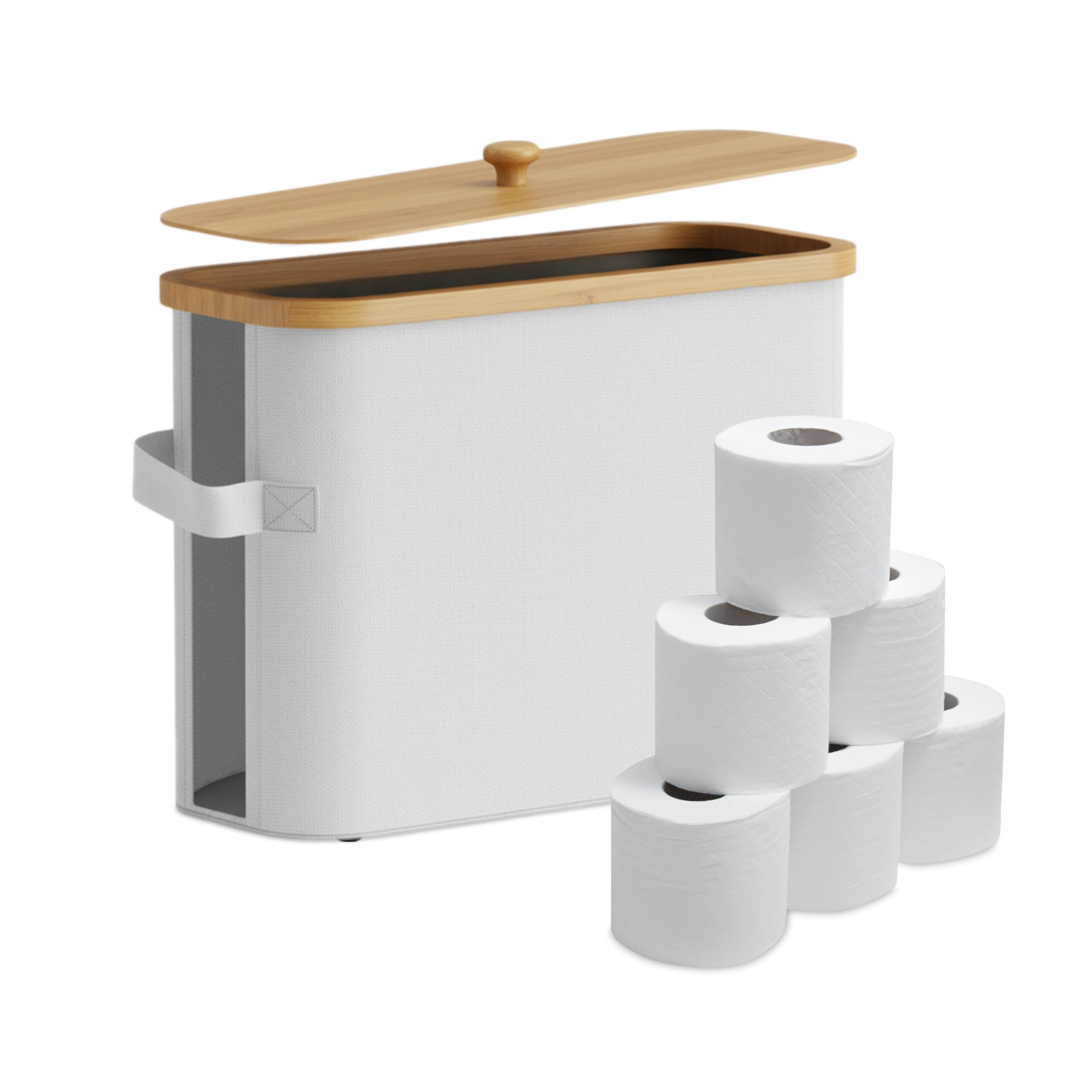 Relaxdays Toilet Roll Storage, 12 Rolls, HxWxD: 33 x 45 x 16 cm, Fabric, Bamboo, Toilet Paper Holder, Supply, White