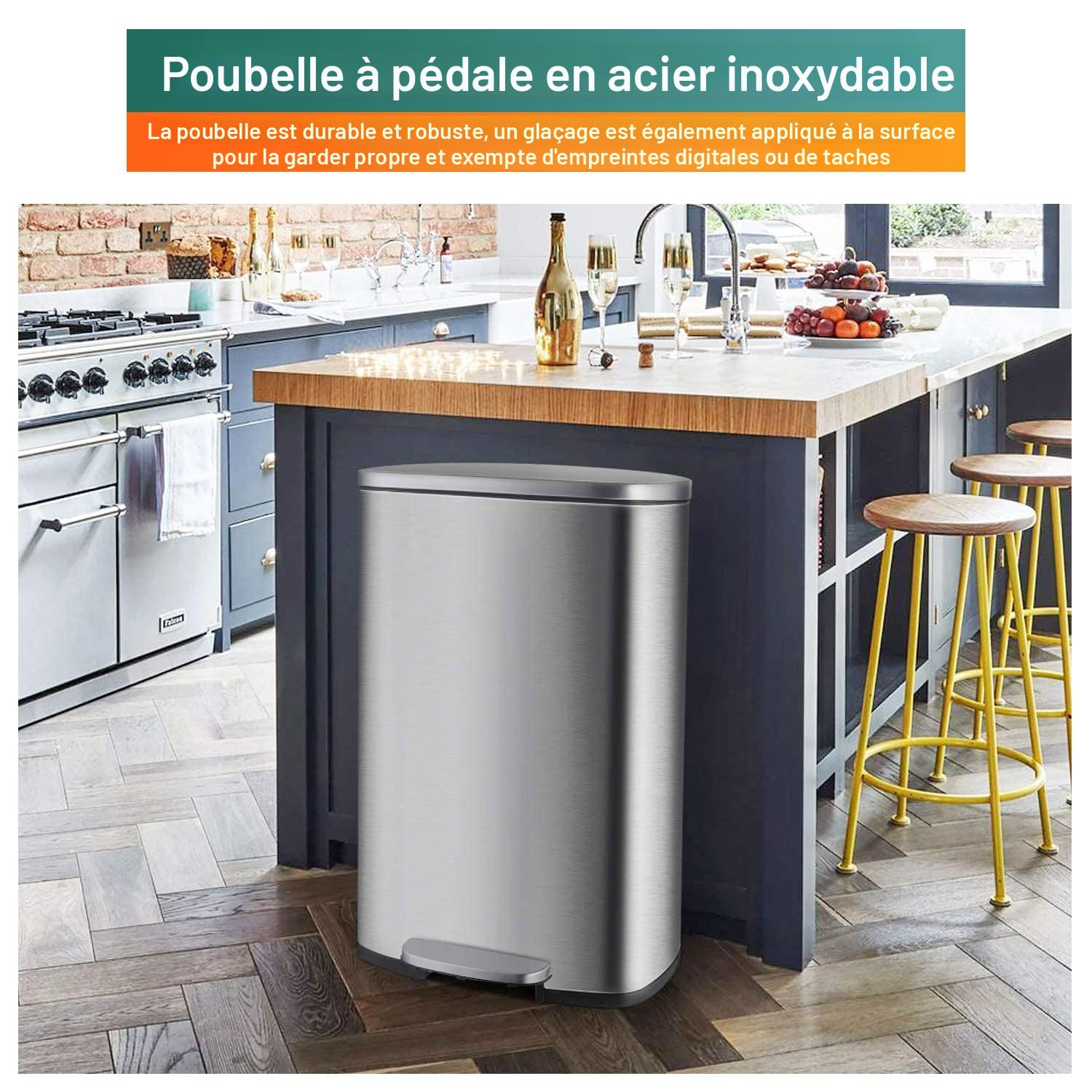 Poubelle Tactile 50L Acier Inox - Ouverture Silencieuse, Résiste Aux Traces, Design Moderne