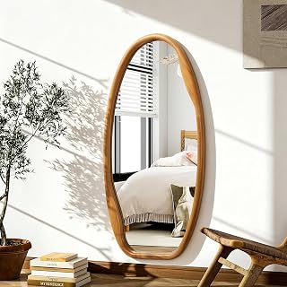 JJUUYOU Wooden Frame Wall Mirror Irregular Mirrors for wall 40"X20" Asymmetrical Decorative Vintage Hanging Mirror for Bathroom Bedroom Living Room Cloakroom Entryway Brown