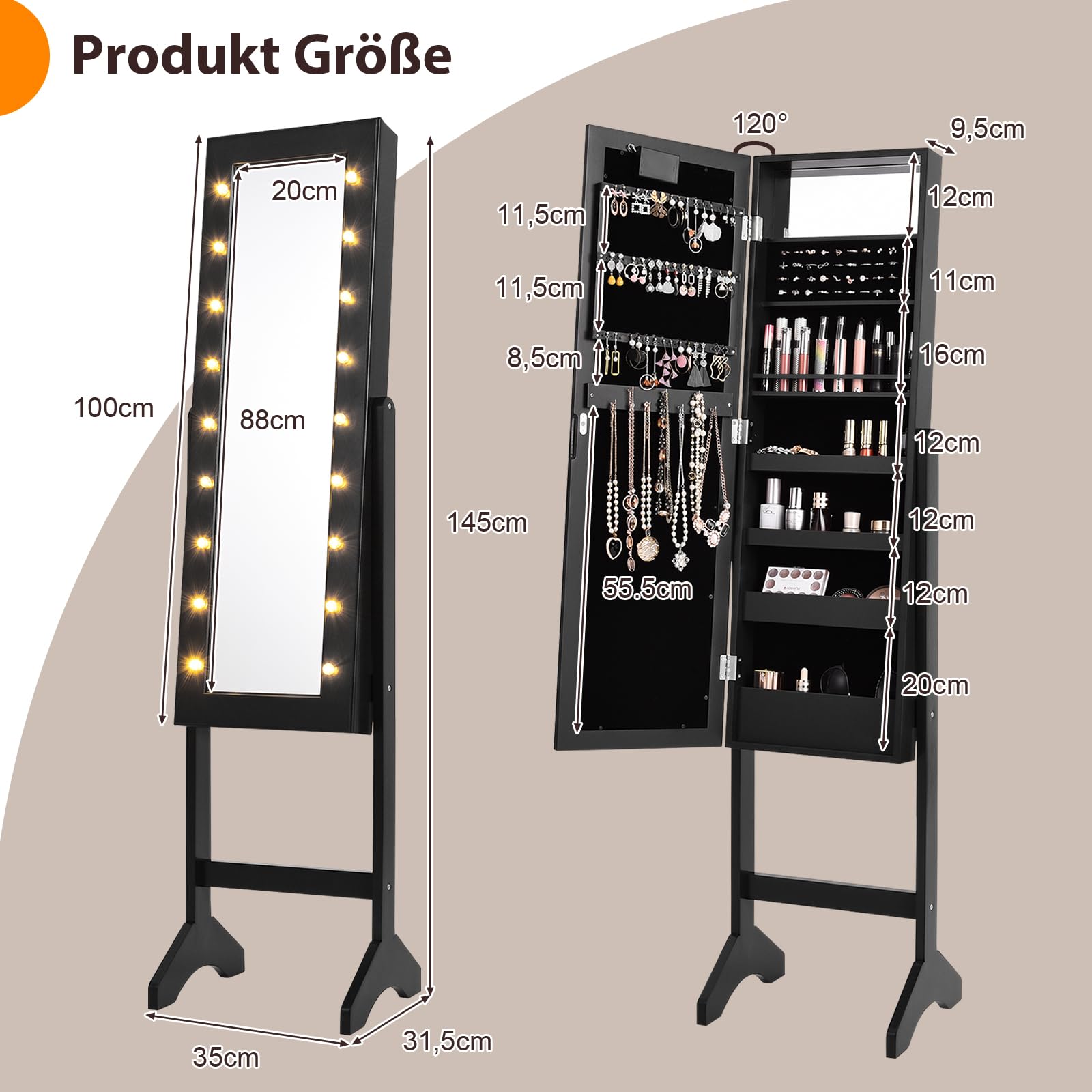 GOPLUS Schmuckschrank mit LED-Beleuchtung, Schmuckregal mit Ganzkörperspiegel & Eingebautem Spiegel, Frei Stehender Spiegelschrank, mit Stauraum für Schmuck & Kosmetika (Schwarz)