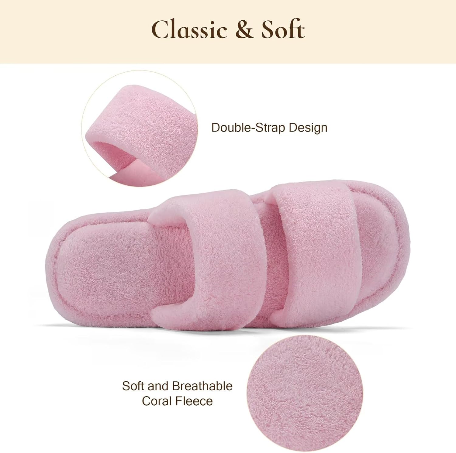 NineCiFun House Slippers for Women Double Band Open Toe Slides with Lightweight Breathable Memory Foam and Soft Coral Fleece Non-Slip Indoor Home Shoes