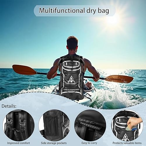 Miniatura 7 de Oak-Sports Dry Bag Mochila impermeable de 5L/10L/20L, bolsa de playa ligera con doble cierre de cremallera para natación, kayak, senderismo, Negro