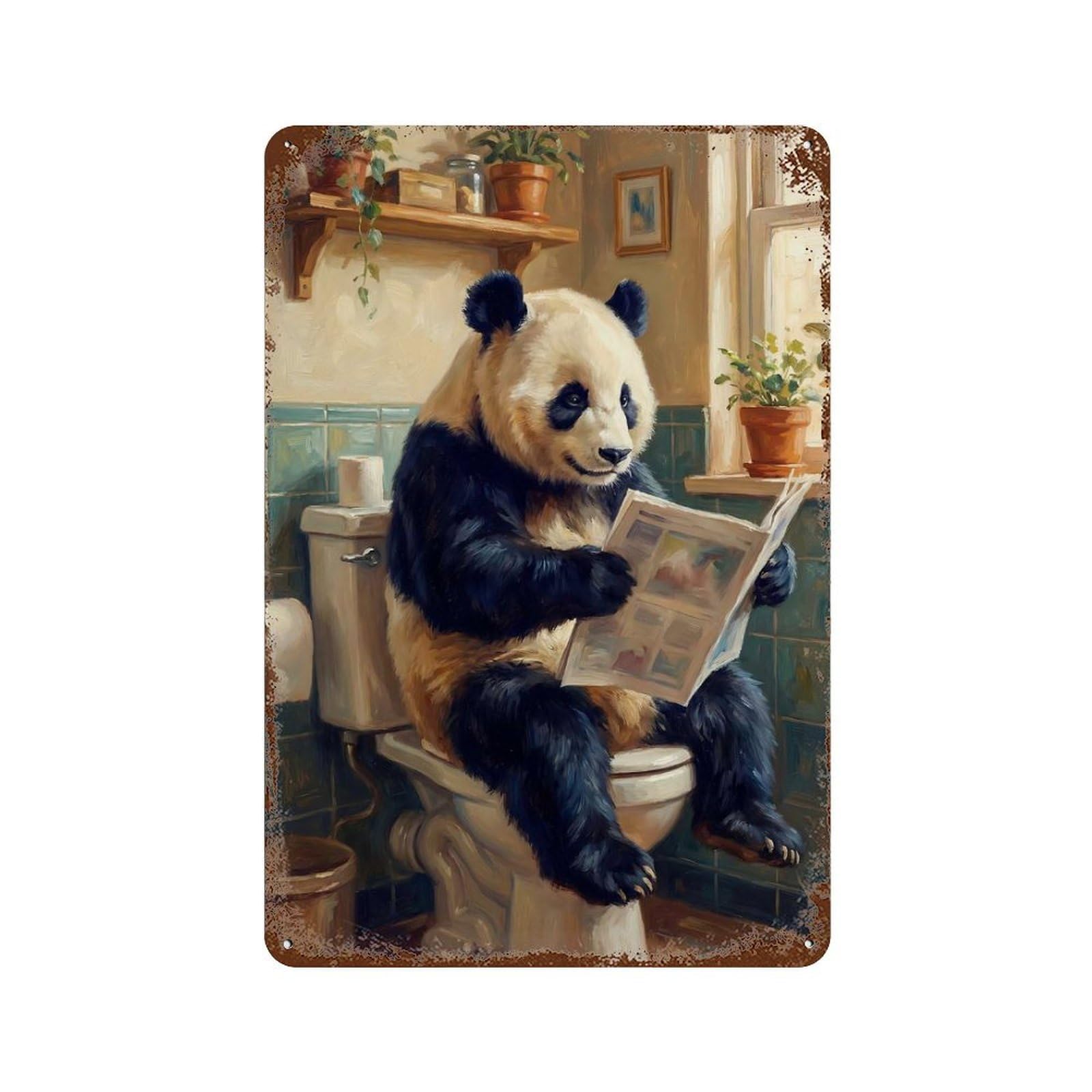 Panda Reading Newspaper on Toilet Distressed Metal Wall Sign 11.8"x7.9", Ideal for Patio, Garden Room And Bar Decor
