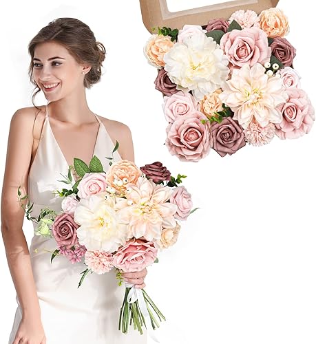 Miniatura 7 de AmyHomie - Juego de flores artificiales color rosa pálido y champán, flores de seda falsas, peonías, rosas con tallo para bricolaje, ramos de boda,