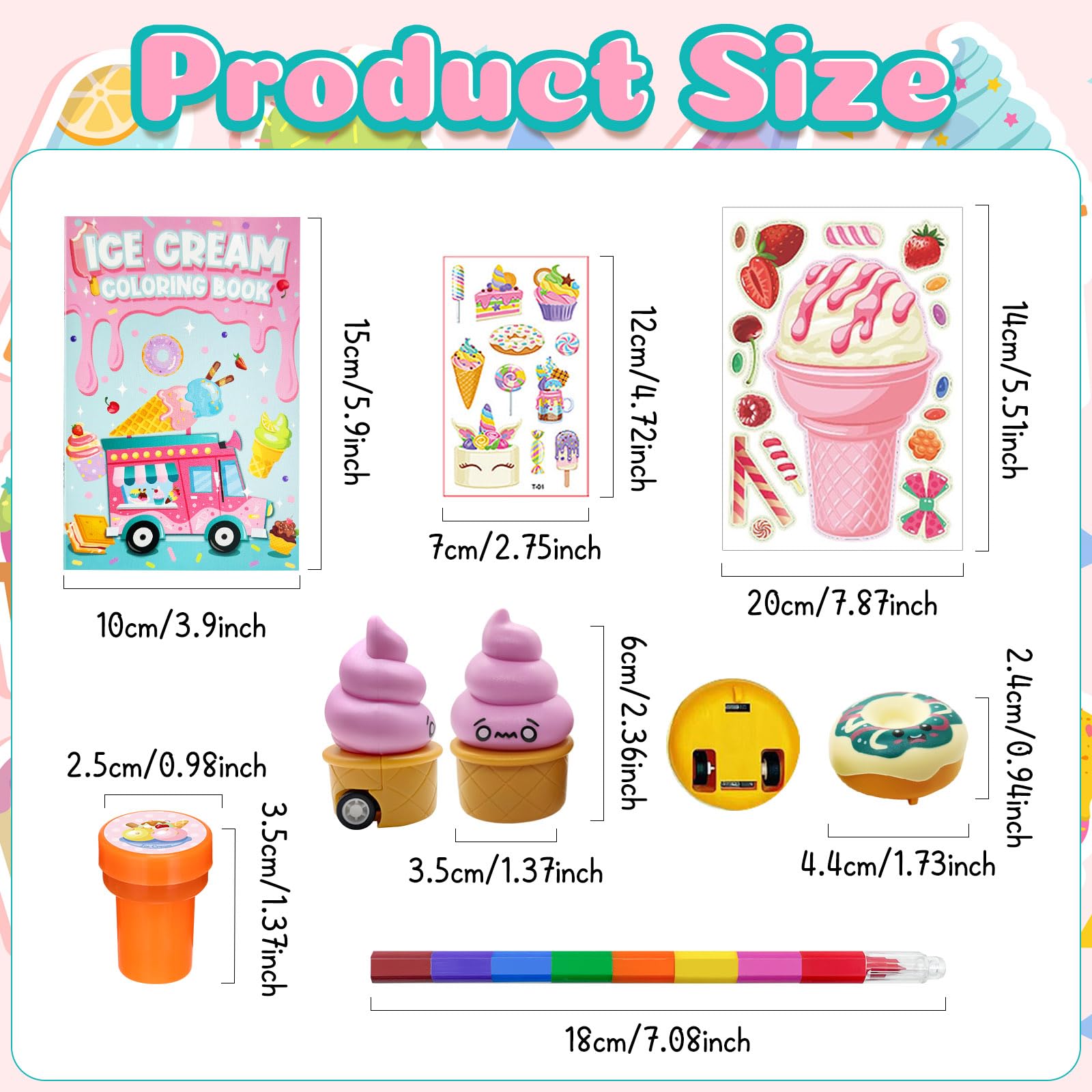 Cinrobiye 72 szt. Lody Party Favors Bulk Candyland Donut Birthday Goodie Bag Fillers, Sweet Candy Party Kolorowanki z tęczowymi kredkami, zestaw do majsterkowania na letnią imprezę, wymianę prezentów