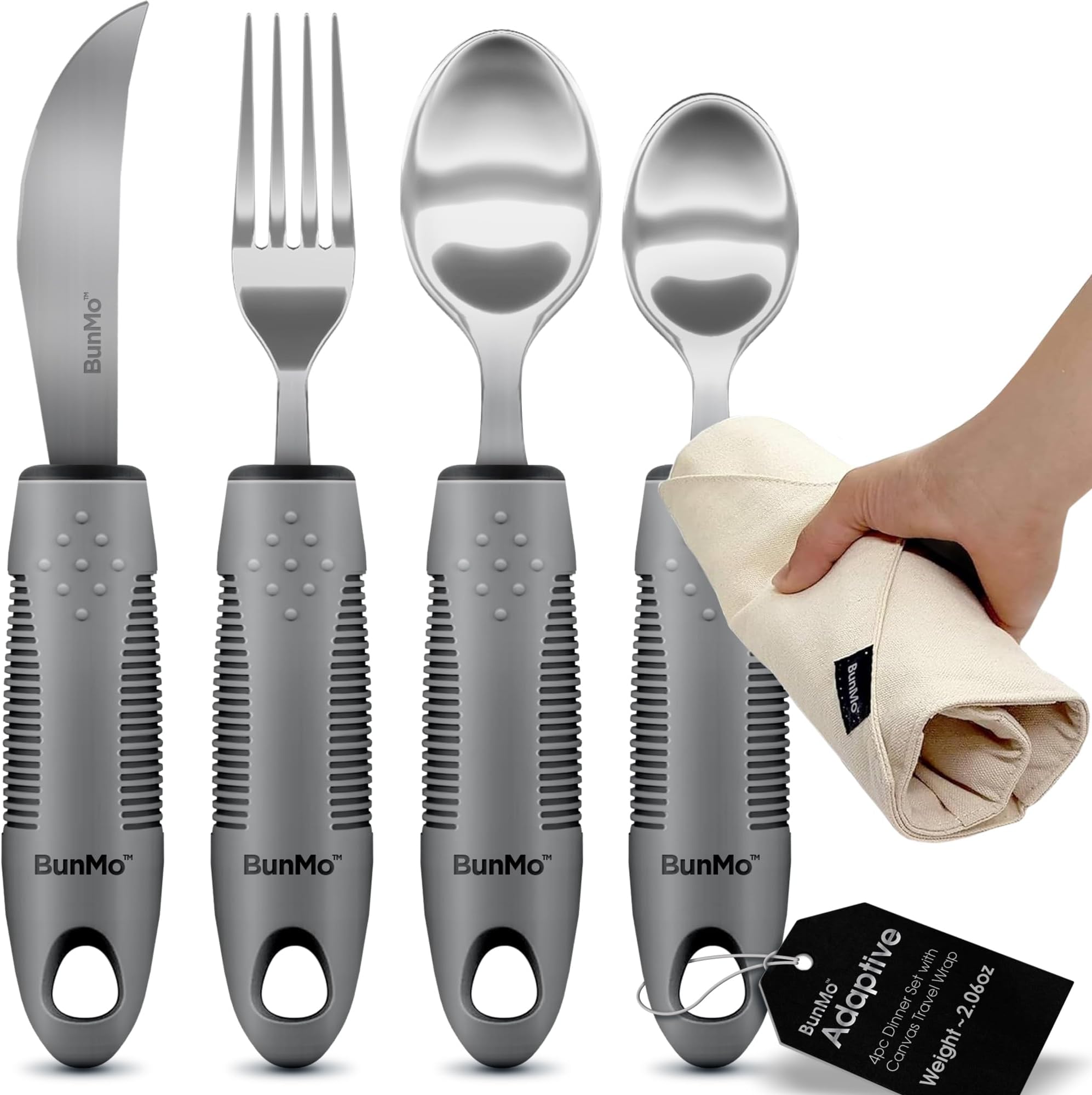 BunMo Utensils for Elderly, Arthritis, Weak Hand Grip & Handicapped - Convenient Travel Pouch - for Tremors and Parkinsons Patients - Stainless Steel - Eat Independently - Adaptive Gray 4 Piece Set