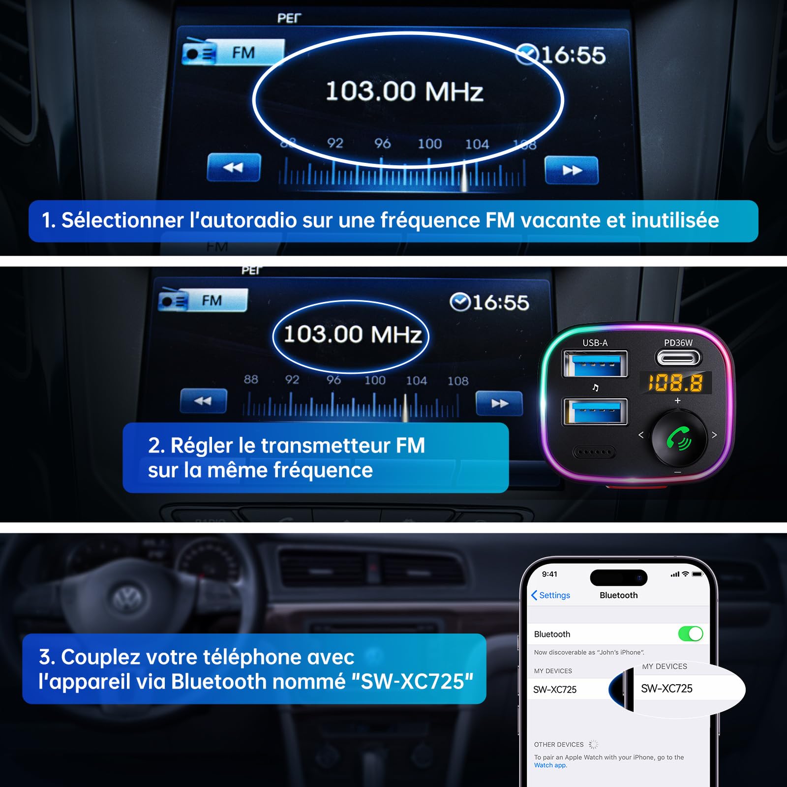 SYNCWIRE Transmetteur FM Bluetooth 5.4 Voiture, 48W Max(PD 36W et 12W) Bluetooth Adaptateur de Charge Deux USB pour Voiture, Radio sans Fil, Affichage LED, Appels Mains Libres, Support Clé USB 64GB
