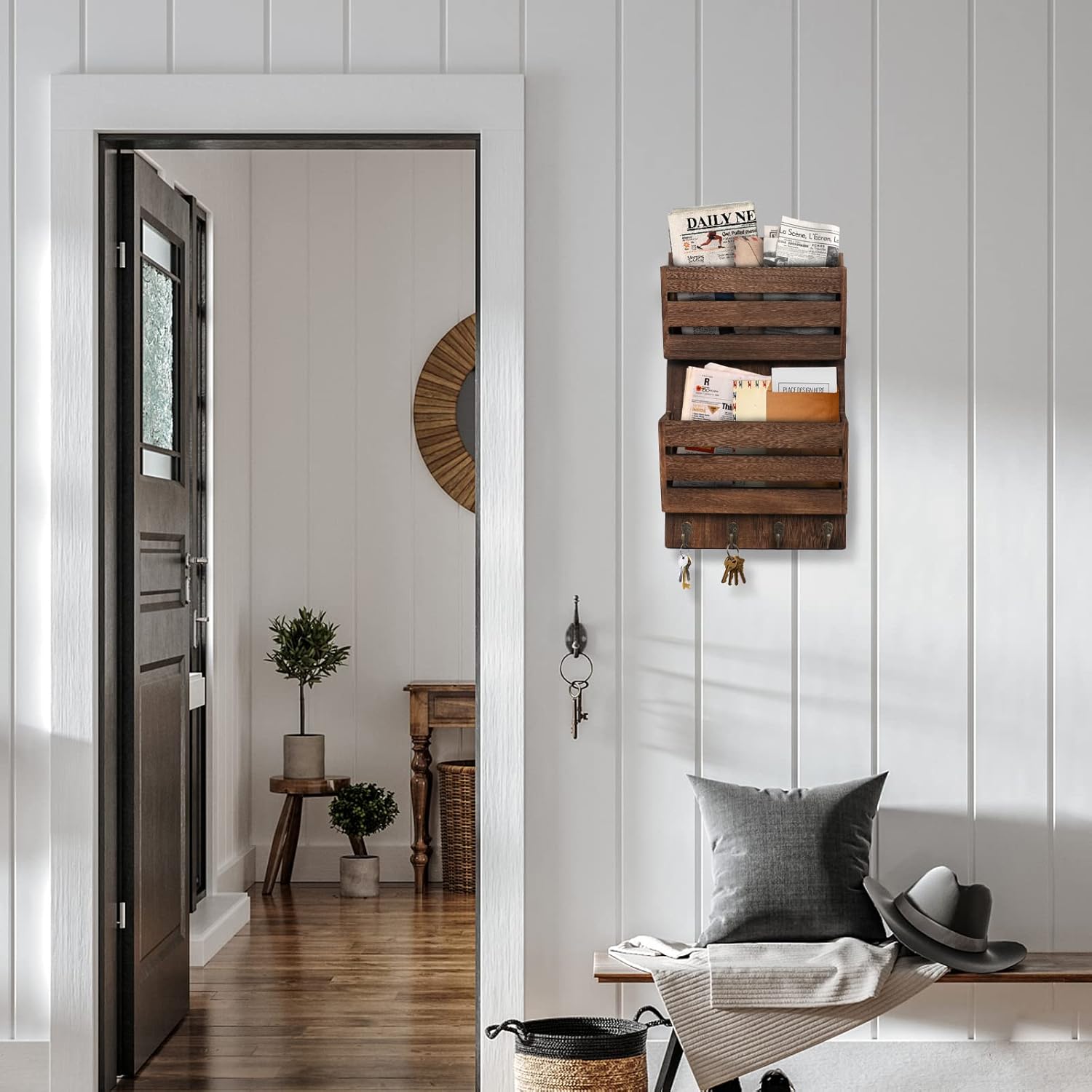 Mail Organizer Wall Mount with 4 Key Hooks, Rustic Wooden Hanging Mail Sorter Farmhouse Key Holder for Wall Decoration, 2-Slot Wall File and Magazines Bill Letter Holder (Brown)