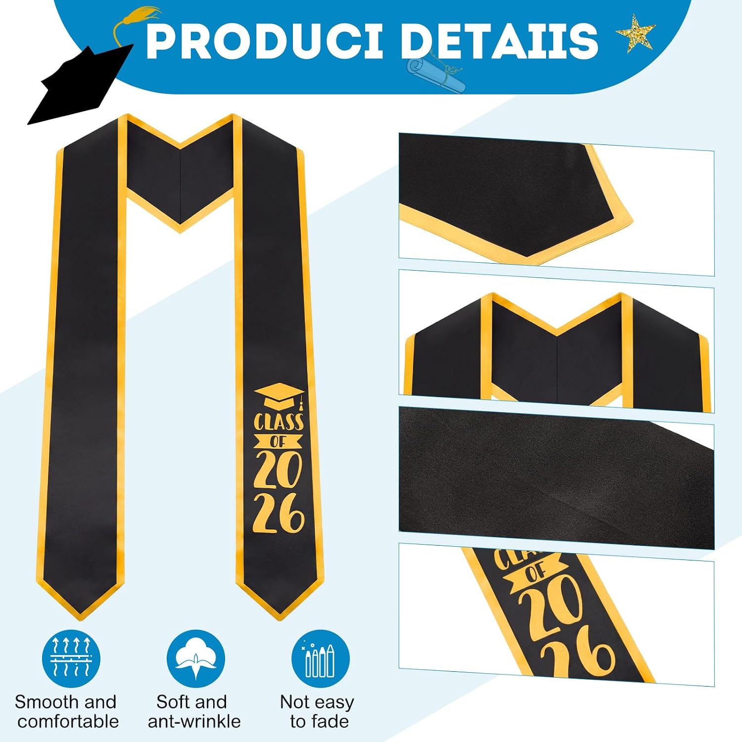 Jutom Class of 2026 Graduation Stole Sash 60 Inch Unisex Graduation Sash with Gold Trim Honor Stole Sash for Graduation