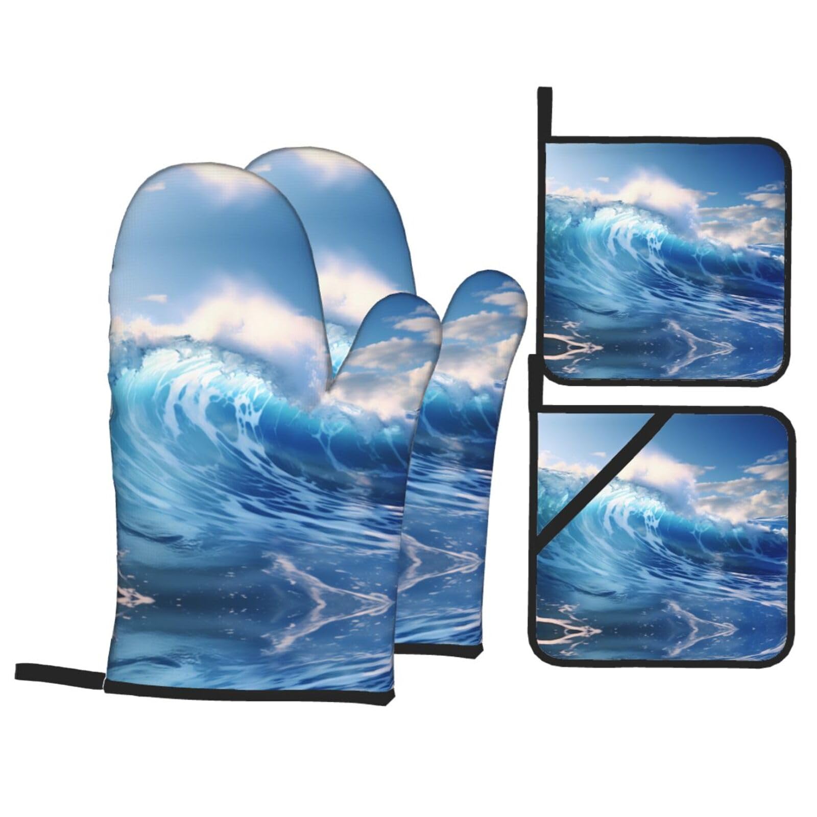 AEKGOHP Blue Ocean Waves Printed Oven Mitts and Pot Holders Set of 4 Kitchen baking Thick and durable, anti-scalding and heat-insulating