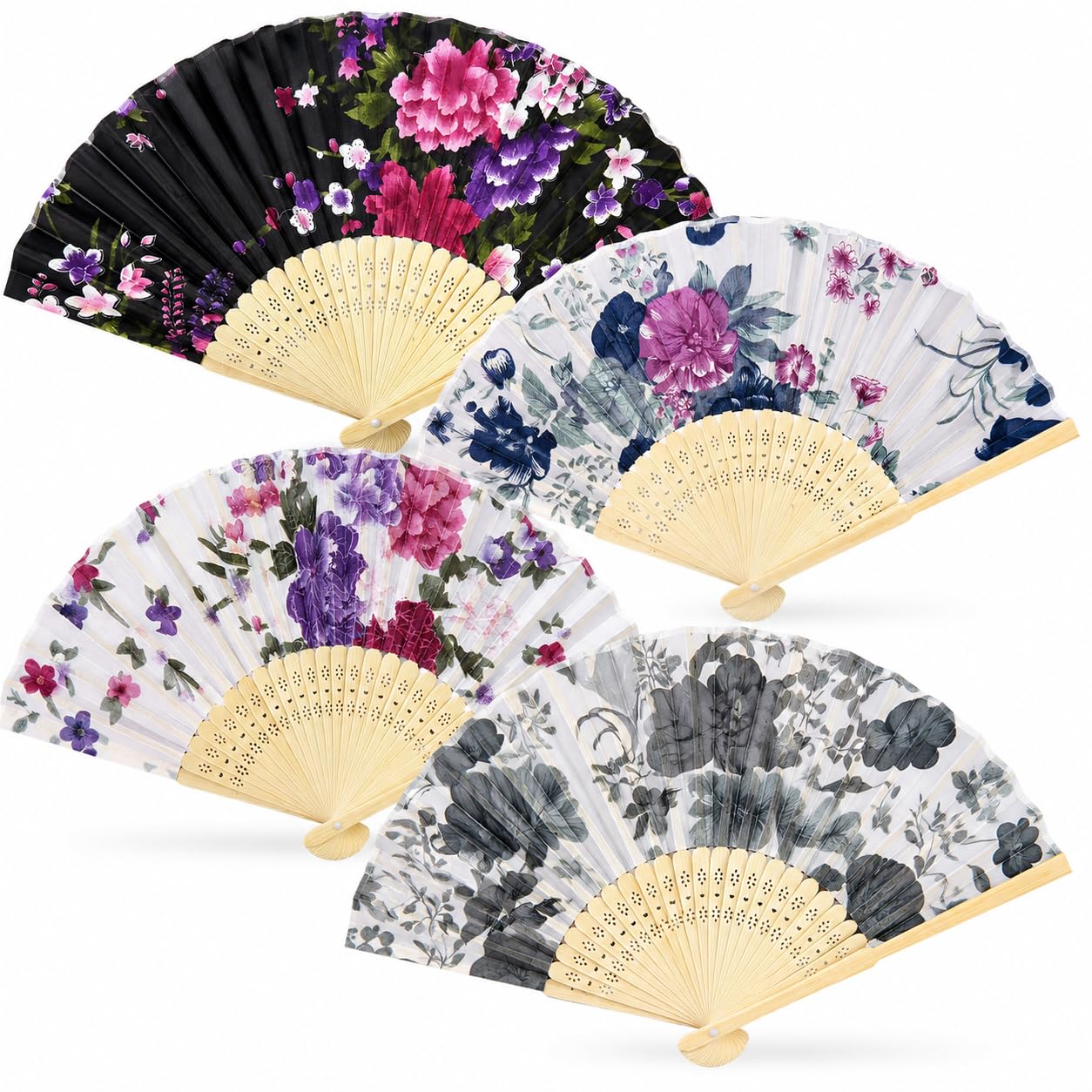4 Pack Folding Hand Fans, Chinese Bamboo Fans with Floral Fabric Prints