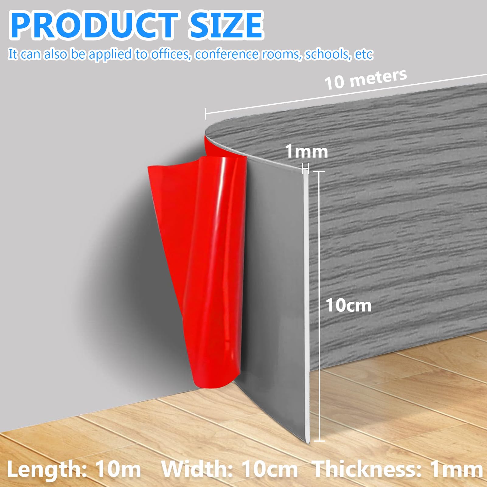 Rodapiés autoadhesivos de PVC, 10 cm x 10 m, listón de cocina, rodapiés autoadhesivos, moldura decorativa, fácil de cortar, listón plano, para sala de estar, dormitorio, veta de madera gris