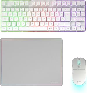 Mars Gaming MCPWTKL, Español, Combo Gaming Inalámbrico, Tecnología DualPro Link 2.4GPRO, Teclado TKL FRGB Rainbow + Ratón RGB 3200DPI y Switches HUANO + Alfombrilla Antideslizante 360x260mm, Blanco