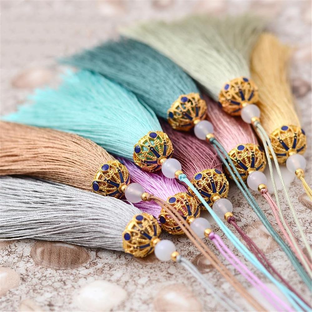 Lot De 5 Pendentifs Colorés En Soie De 10 Cm - Pompons Longs - Pour Travaux Manuels - Marque-page - Pendentif à Pompon Fait à La Main - Pour Accessoires D'artisanat DIY (jaune