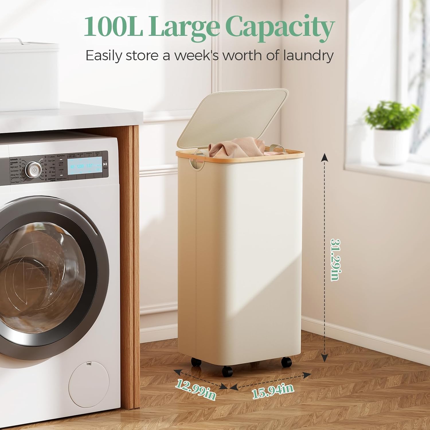 Yecaye 100L Large Capacity Laundry Hamper – Foldable Rolling Laundry Basket, Mobile Clothes Hamper with Wheels, Removable Inner Bag, Bamboo Handle Lid Laundry Bin – Multi-Use Storage,Beige