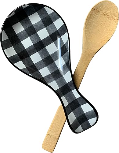 Buffalo - Juego de cuchara y soporte para cucharas a cuadros, soporte para cuchara grande en blanco y negro con cuchara de bambú, 10.25 x 4.9 x 1