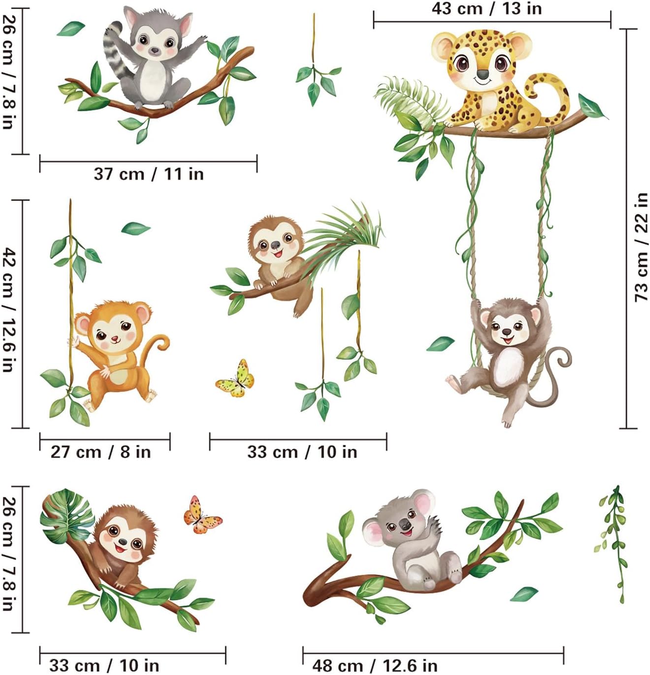 Rainforest Animals Wall Decals Monkey Jungle Animals Wall Stickers Art Decors for Kids Nursery Children Bedroom Playroom