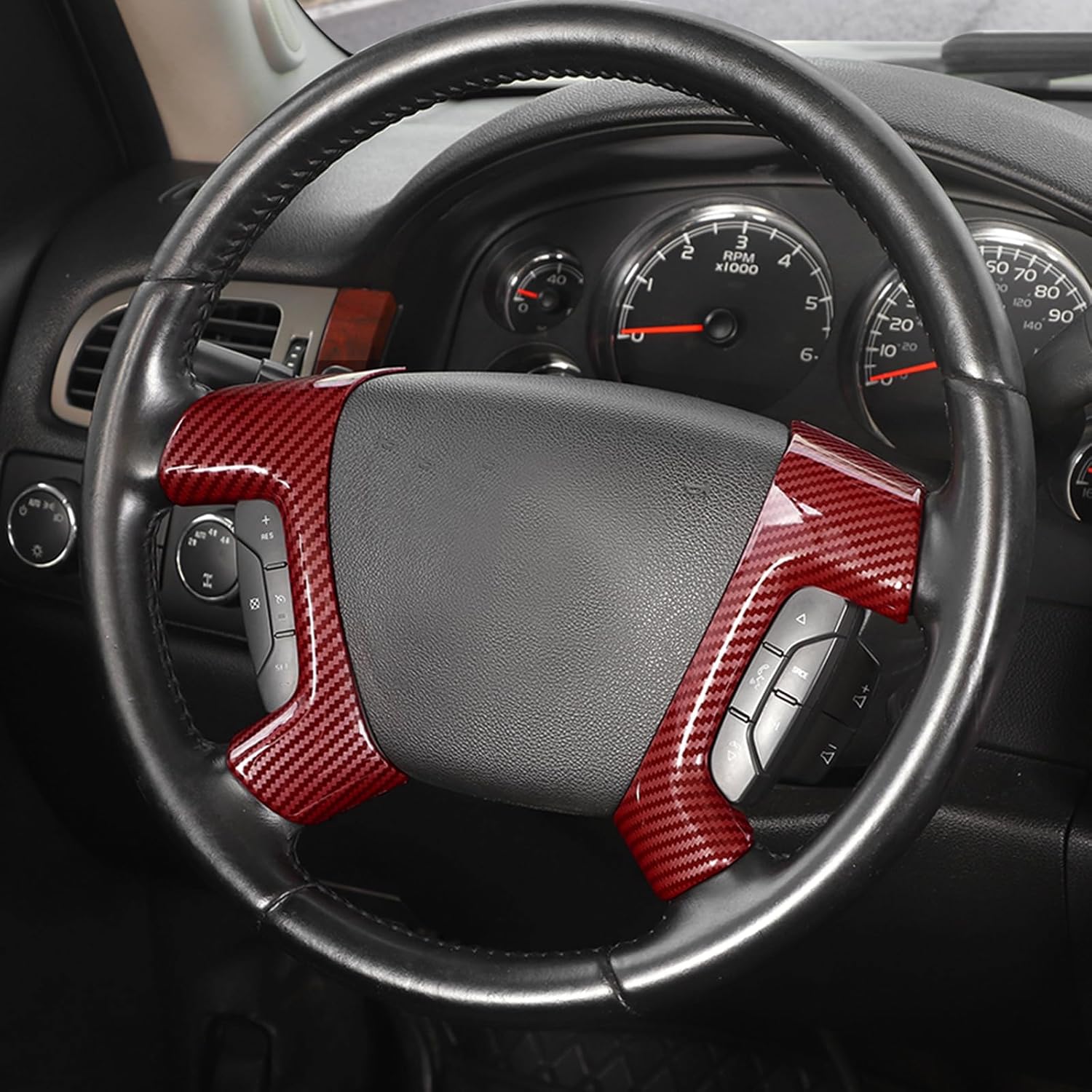 for Silverado Steering Wheel Panel Trim Sticker for 2007-2013 Tahoe/Suburban/Avalanche/Silverado/Yukon/Sierra/Escalade for 2012-2017 Captiva Red Carbon Fiber Interior Accessories 2pcs