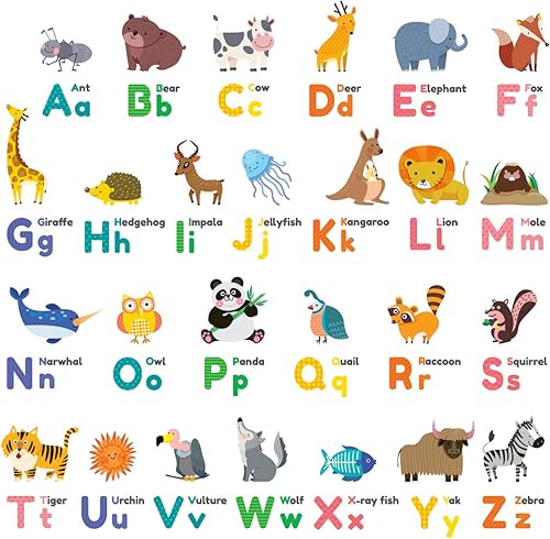 DECOWALL DW-1614 - Alfabeto colorido de animales, ABC, letras, niños, calcomanías de pared adhesivas de pared, desprendibles, adhesivos de pared