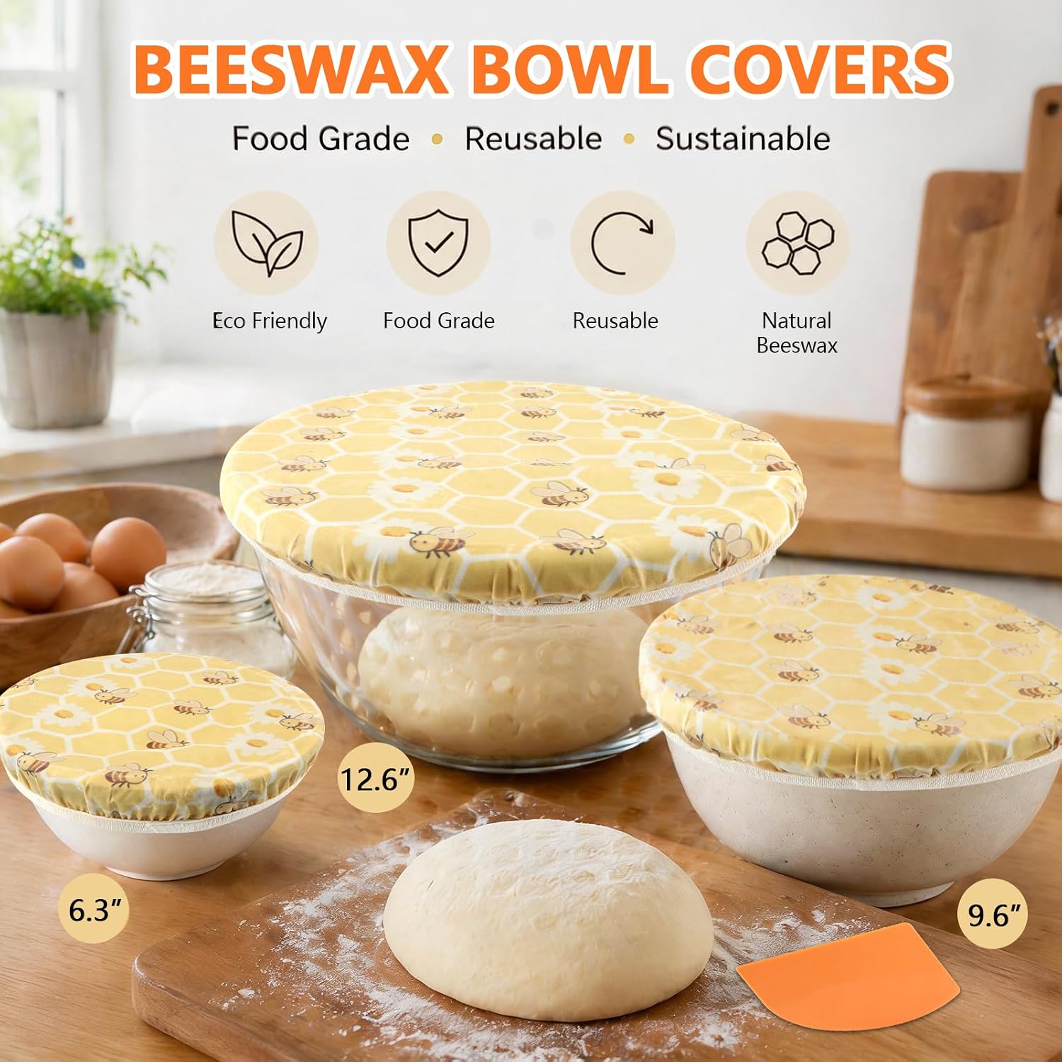 3 Pack Reusable Beeswax Elastic Bowl Covers for Bread Proofing, Cotton Cloth Flexible Beeswax Wraps Fits 6/10/13 Inch Bowls for Sourdough Fermenting & Dough Mixing