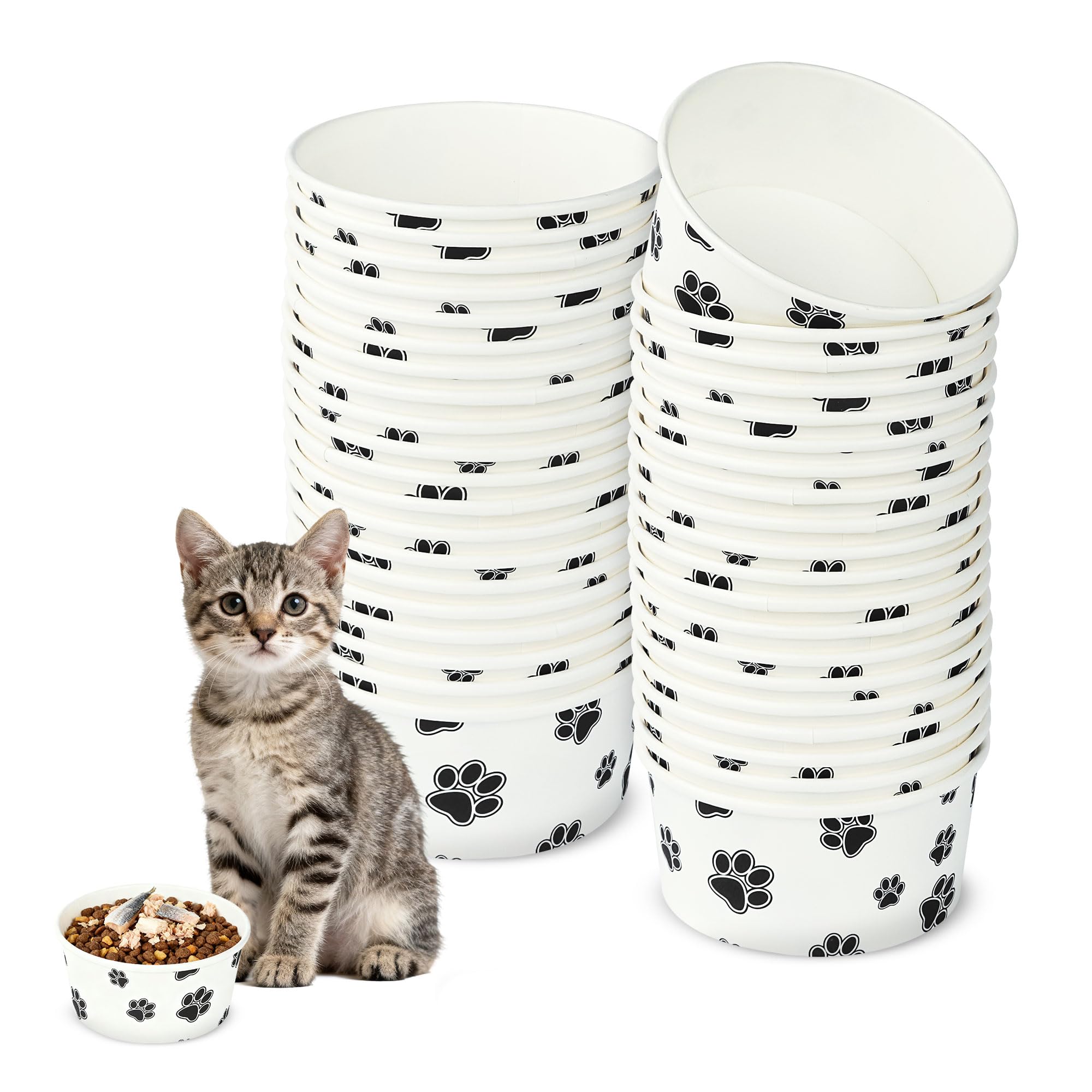 Lomgwumy Disposable Pet Bowls, White Thickened Pet Food Paper Bowls With Cute Pattern, Suitable for Wet And Dry Food, Kitten, Puppy (50-PACK)