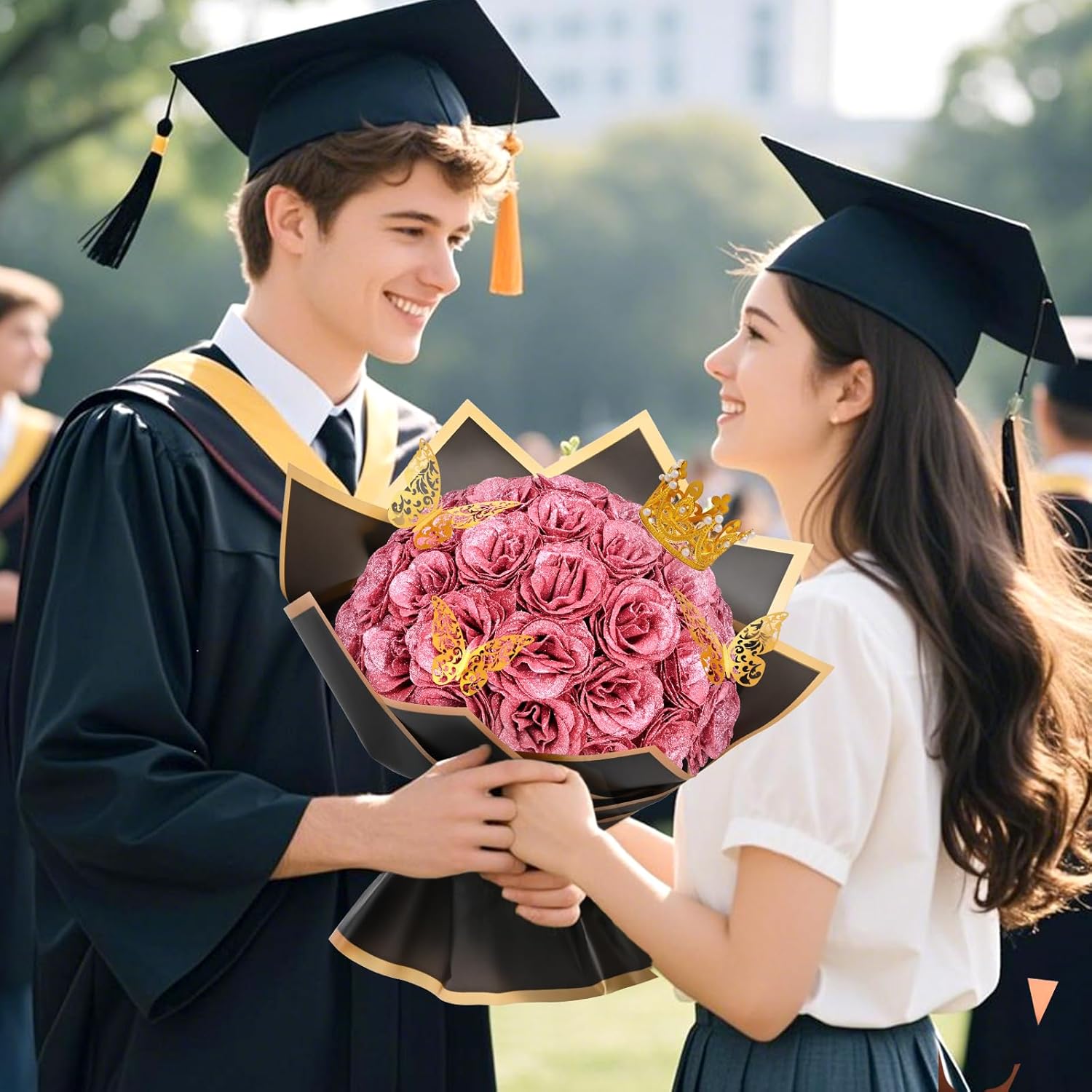 Waipfaru Rose Gold Glitter Roses Bouquet, DIY Flowers Bouquet, Birthday Gifts for Women Mom Grandma Wife Girlfriend, 24 Pcs Fake Rose for Valentines, Mothers Day, Anniversary, Graduation Gifts - Image 8