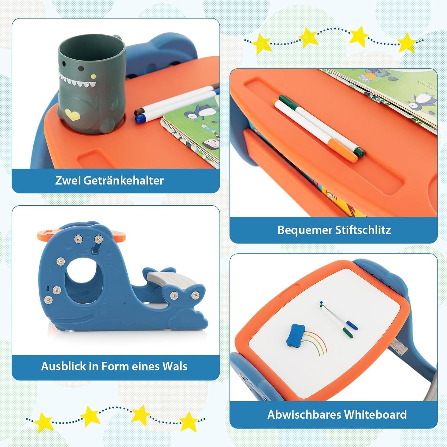 FANTASK Children's Easel Including Table Top & Whiteboard & Bench, 4 in 1 Blue Standing Board Double-Sided in Whale Shape, Painting Table Children's Table with Shelf for Children from 1 Years