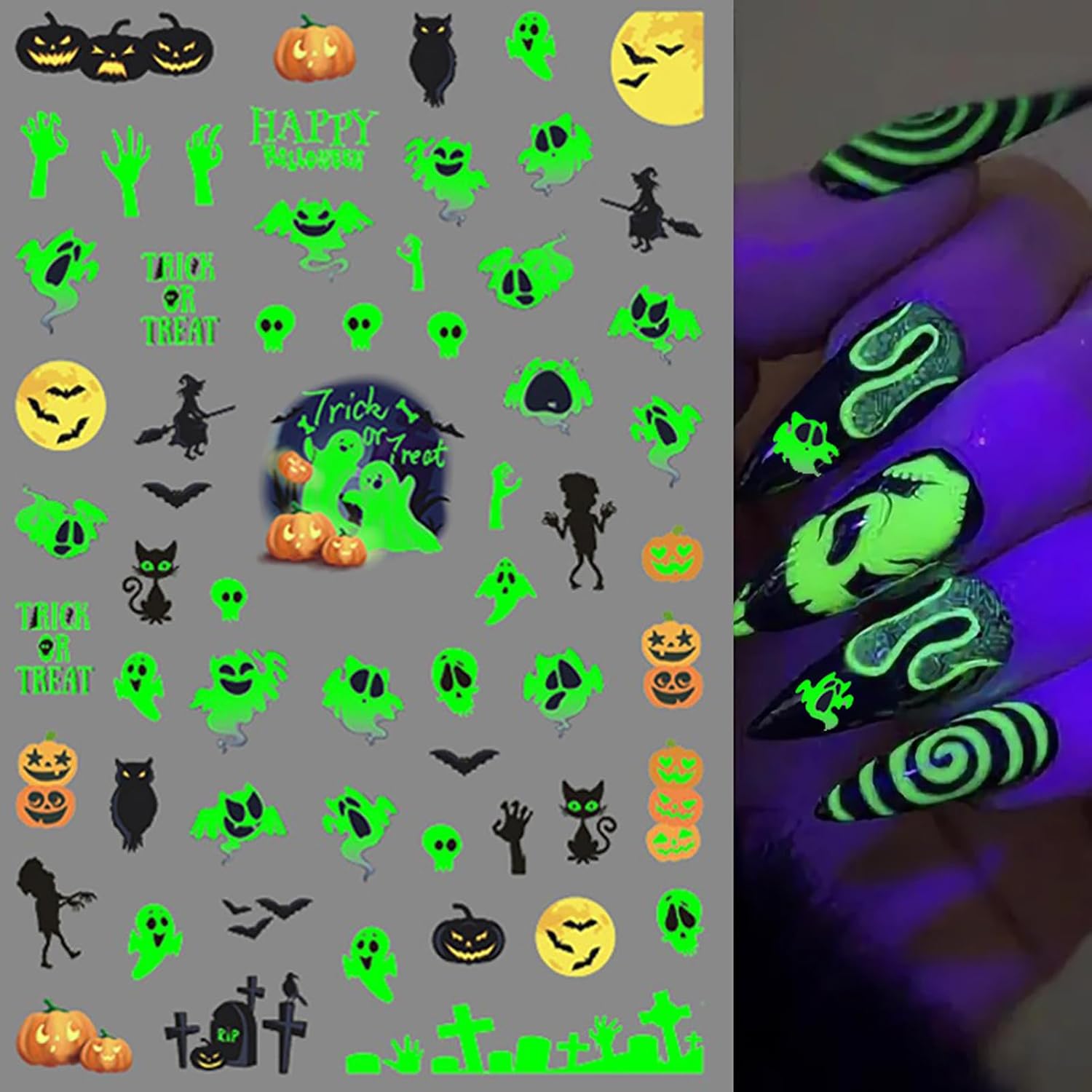 6 Sheets Glow in The Dark Halloween Nail Art Stickers, Cute Pumpkin Ghost Spider Web Skull Bat 3D Design Self-Adhesive Nail Art Decals, DIY Manicure Decoration Supplies Accessories for Women Girls image 5