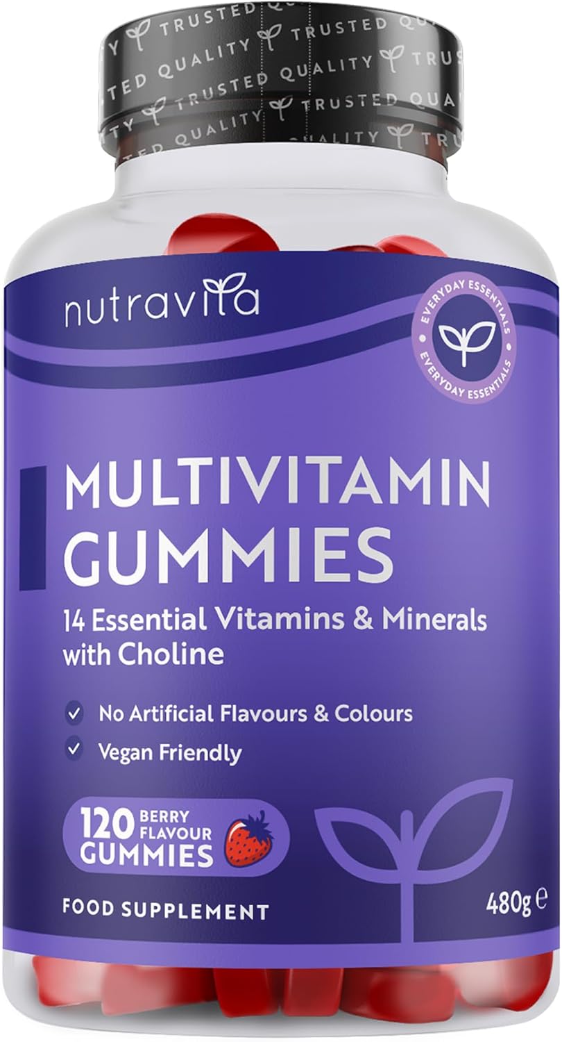 Nutravita Vegan Multivitamin Gummies for Women & Men – 120 Berry Flavour Chewable Adult Multivitamins (4 Month Supply) Daily Supplement with 14 Vitamins & Minerals incl. Vitamin C D3 B12 Biotin Zinc