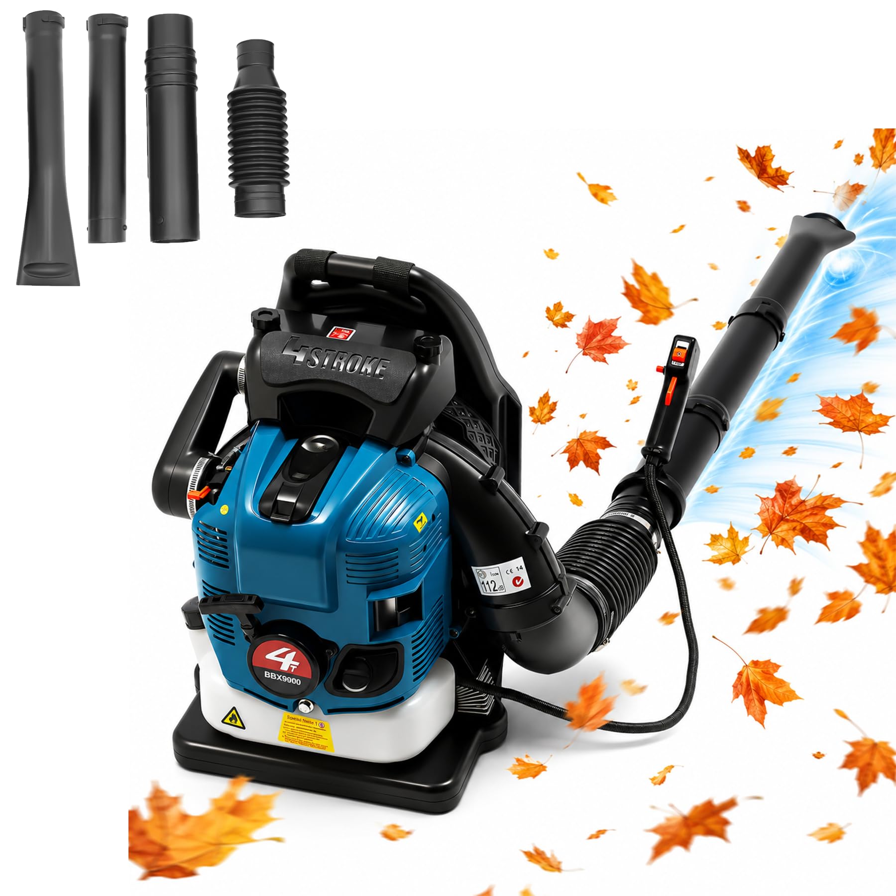75,6 cc Soffiatore a scoppio professionale 4 tempi a benzina 2600 W, zaino, 498 ft³/s, 7000 giri/min, tubo regolabile 180° 168 cm, ideale per giardino, prato e pulizia