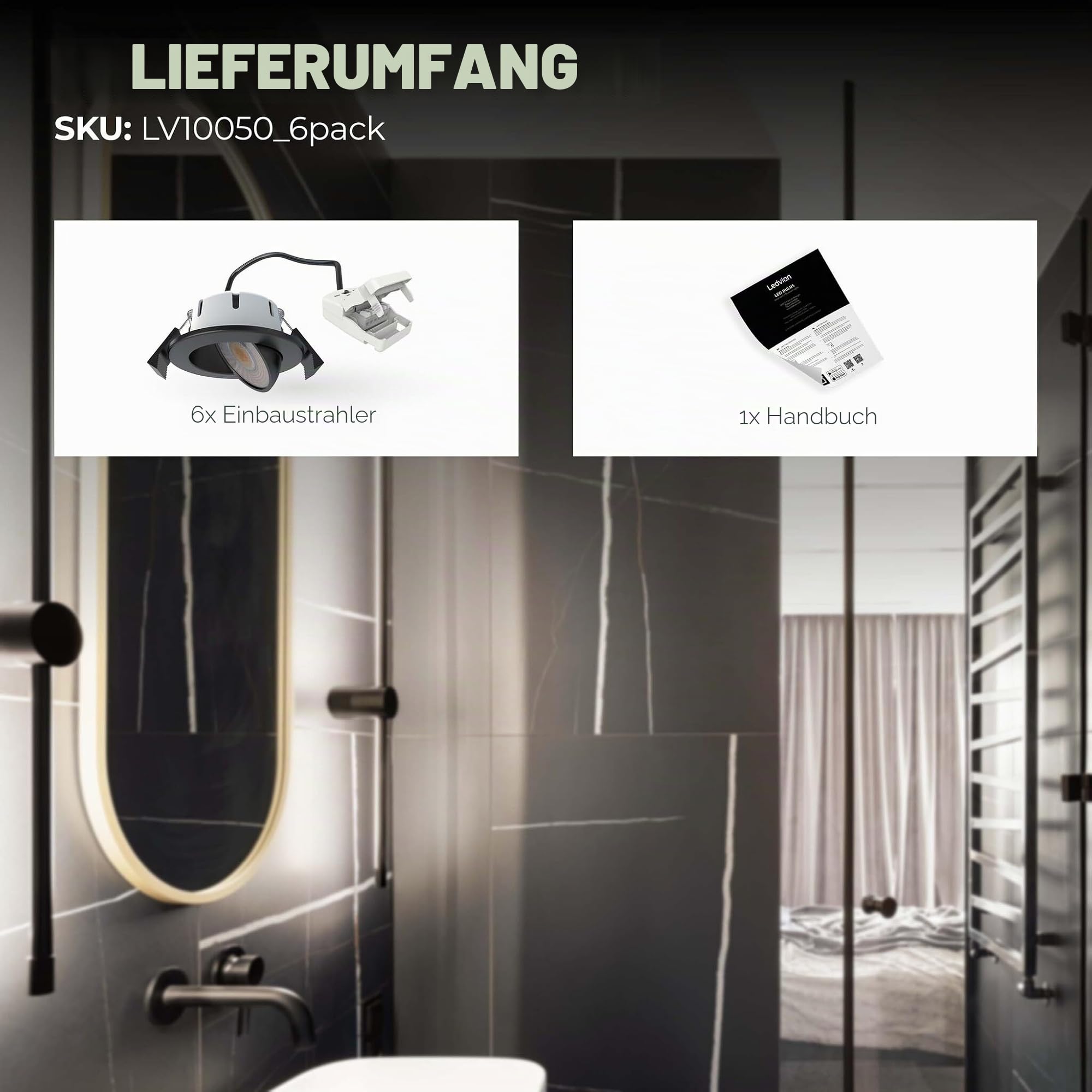 Ledvion LED Einbaustrahler 6er set Schwarz 5W CCT wasserdicht IP65 dimmbar | Einbaumass O75mm; Wasserfest fuer Bad Dusche und feuchte Innenbereiche
