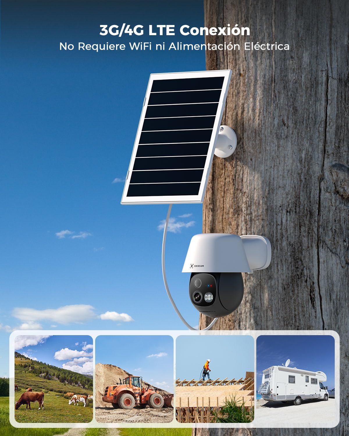 COCOCAM 24/7 AOV 4G Cámara Vigilancia Exterior Solar con SIM | 30m Visión Nocturna, Seguimiento Auto & Detección IA, Batería 10000mAh, Panel Solar 8W, PTZ 2K, eSIM incluida (Sin WiFi)